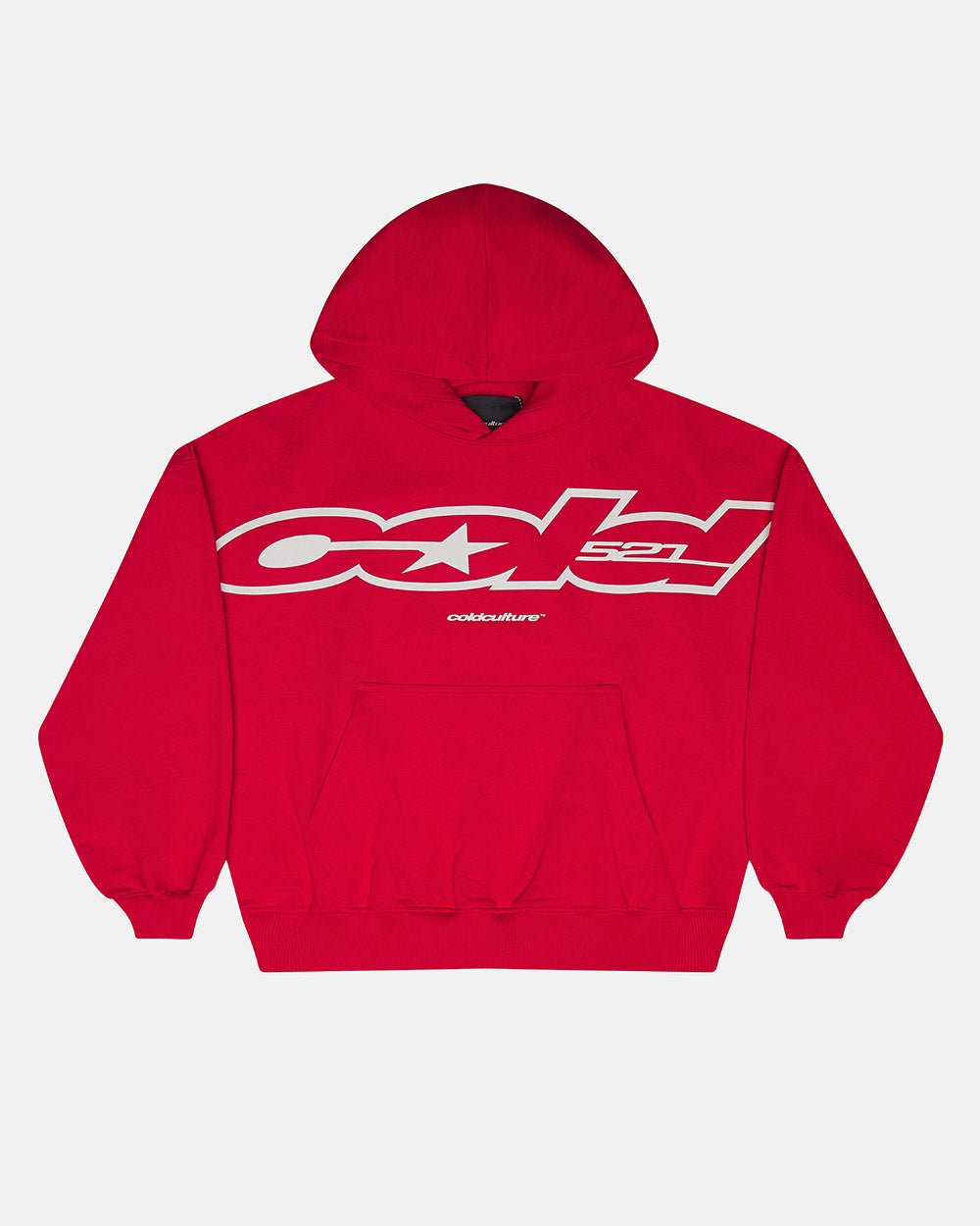 COLD 521 HOODIE RED - red logo print hoodie, front view - Cold Culture #packshot