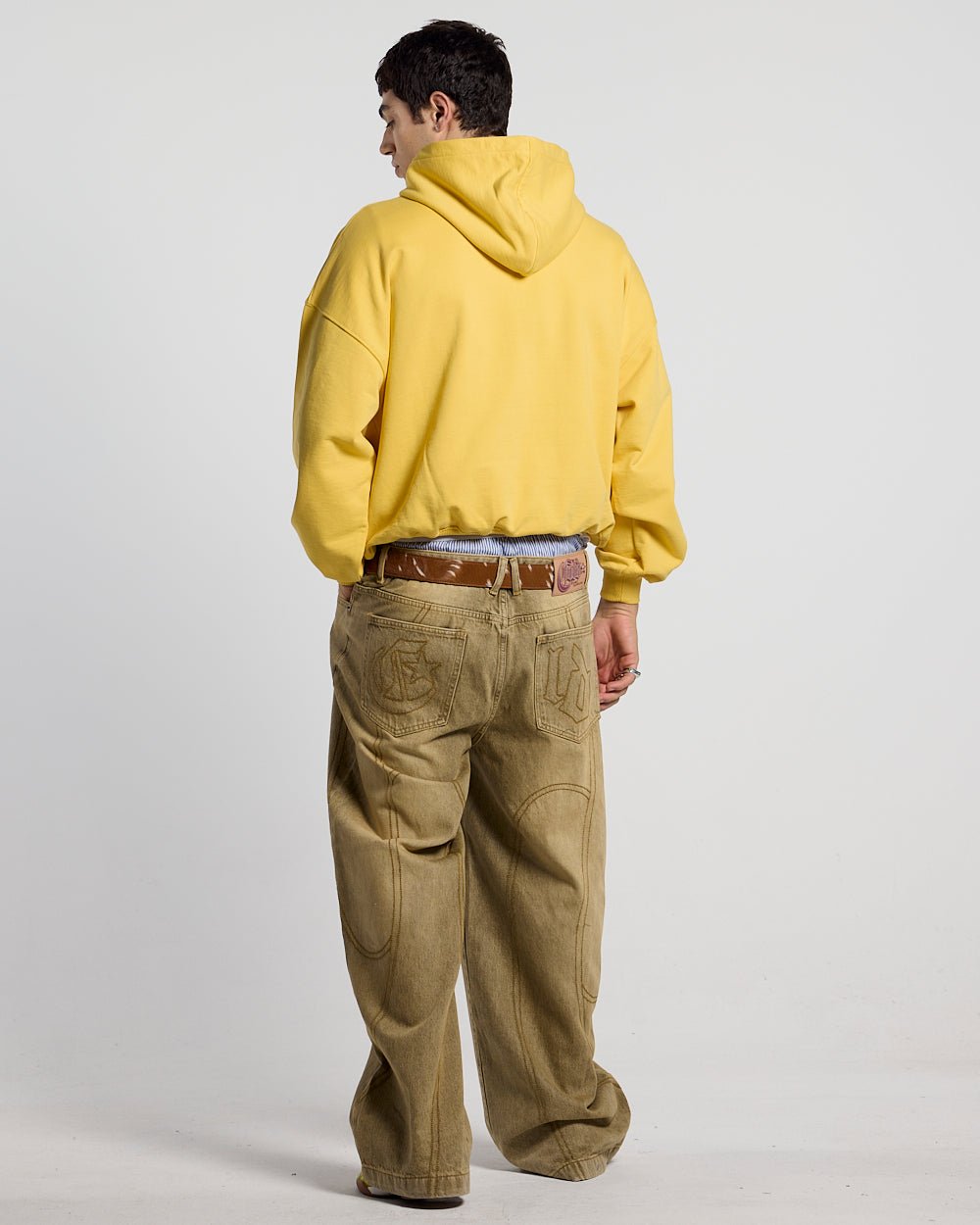 COLD 521 HOODIE YELLOW - yellow logo print hoodie, back view on male model - Cold Culture