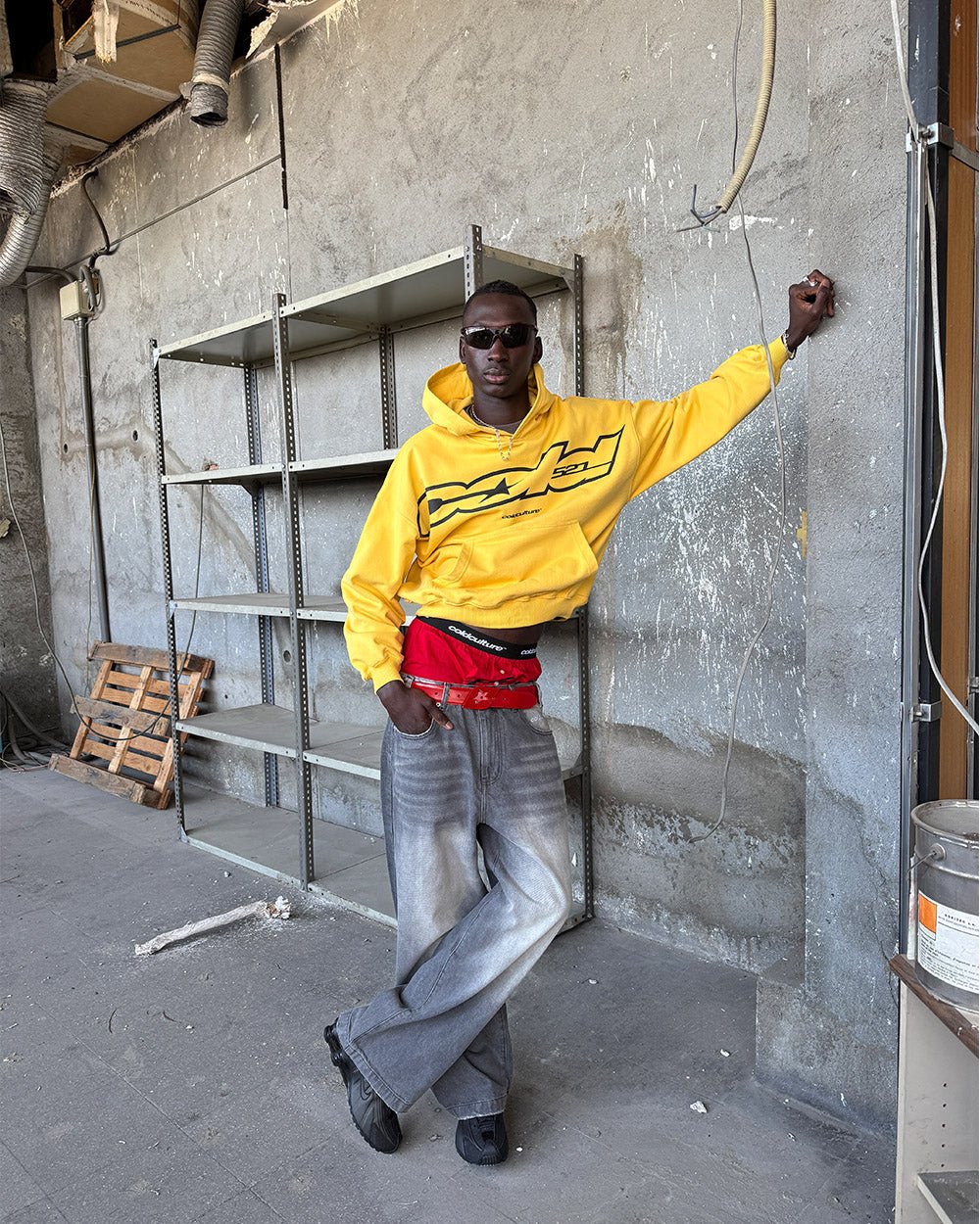 COLD 521 HOODIE YELLOW - yellow logo print hoodie, street style shot - Cold Culture
