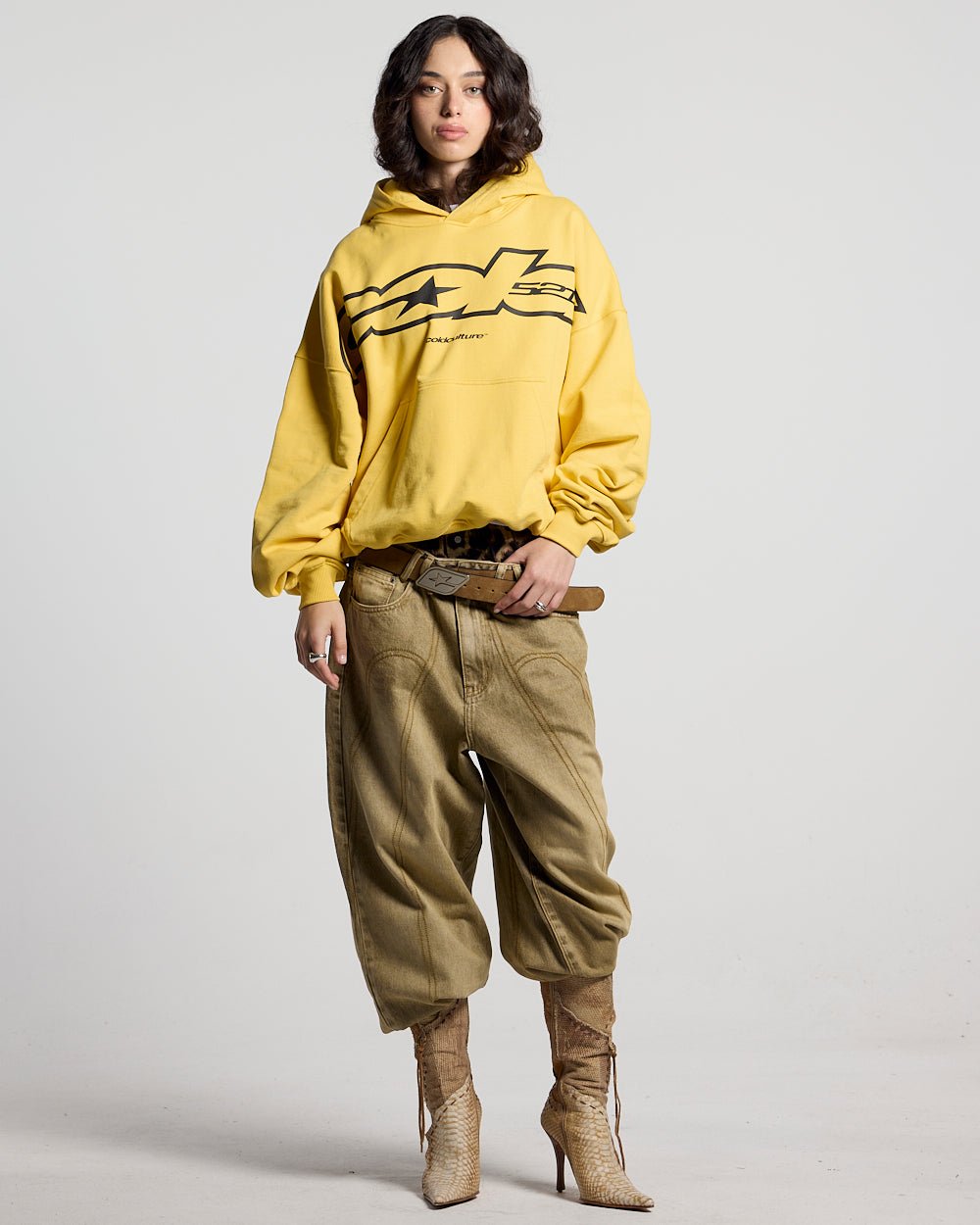COLD 521 HOODIE YELLOW - yellow logo print hoodie, front view on female model - Cold Culture #woman