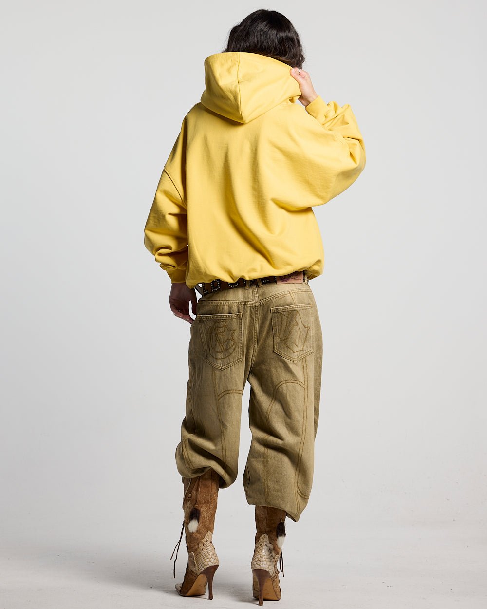 COLD 521 HOODIE YELLOW - yellow logo print hoodie, back view on female model - Cold Culture #woman