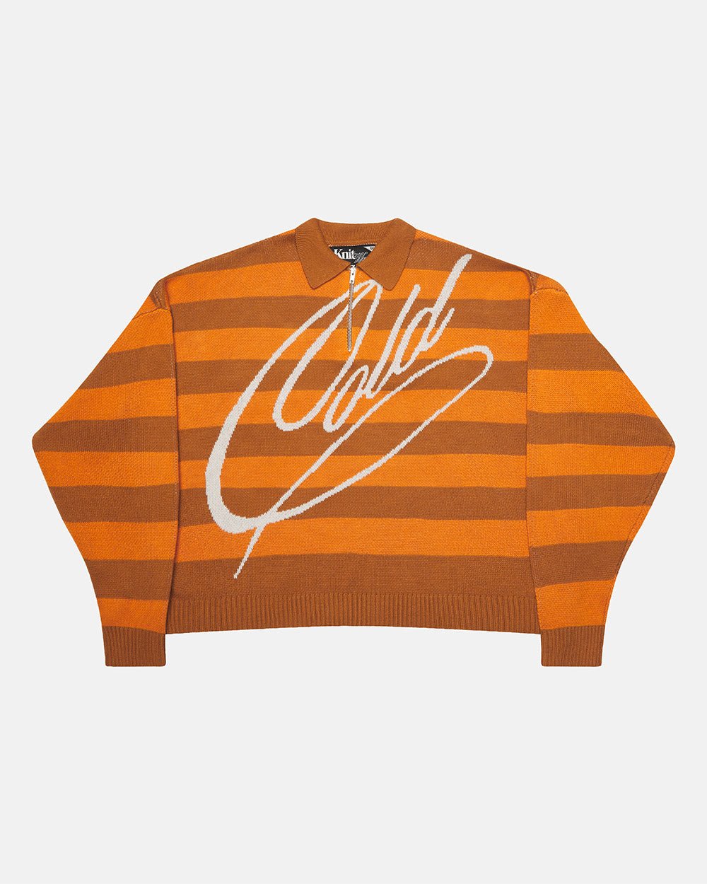 COLD BRICK POLO KNIT ORANGE - orange striped polo knit sweater, front view - Cold Culture #packshot