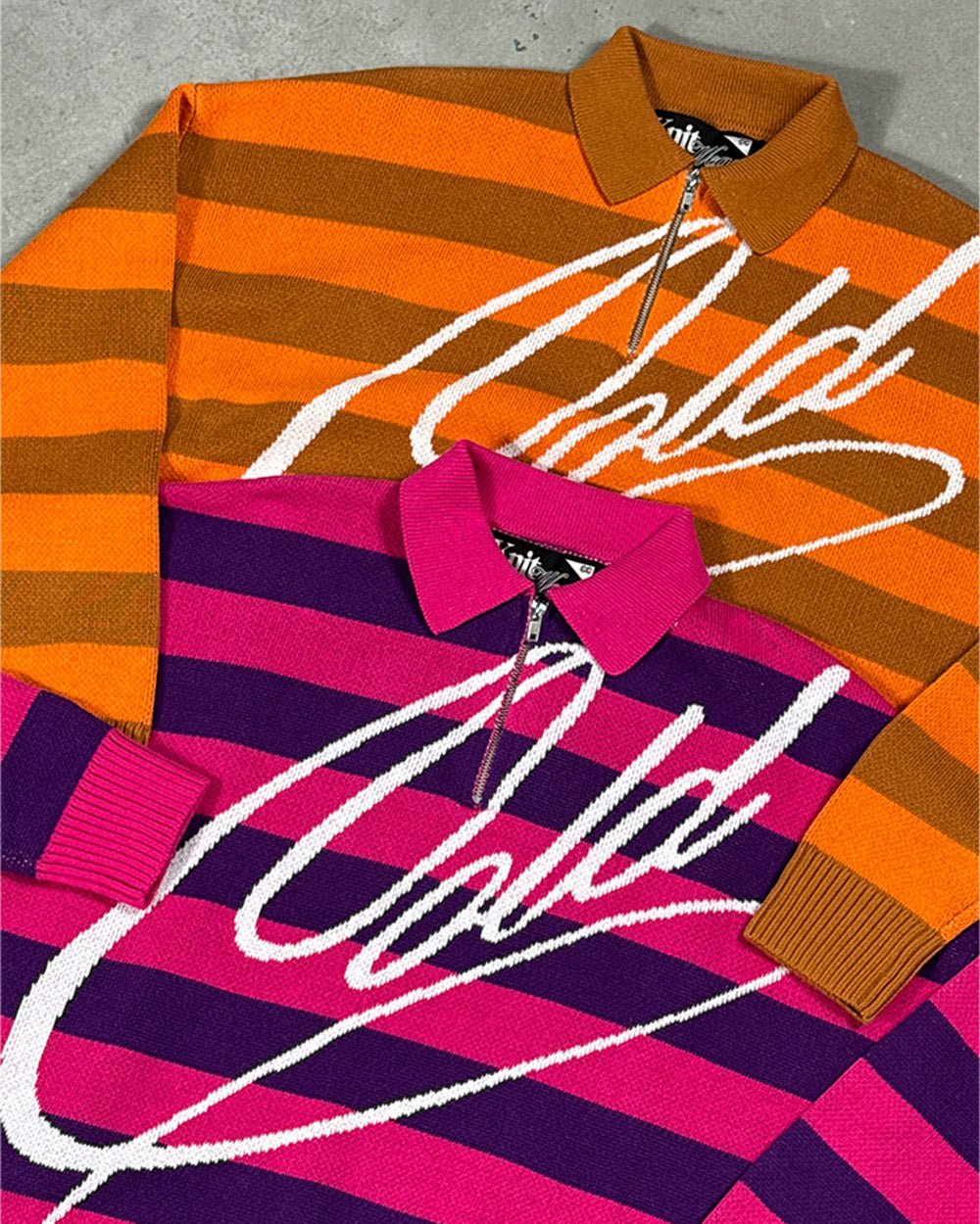 COLD BRICK POLO KNIT ORANGE - orange striped polo knit sweater, flat lay with matching pieces - Cold Culture