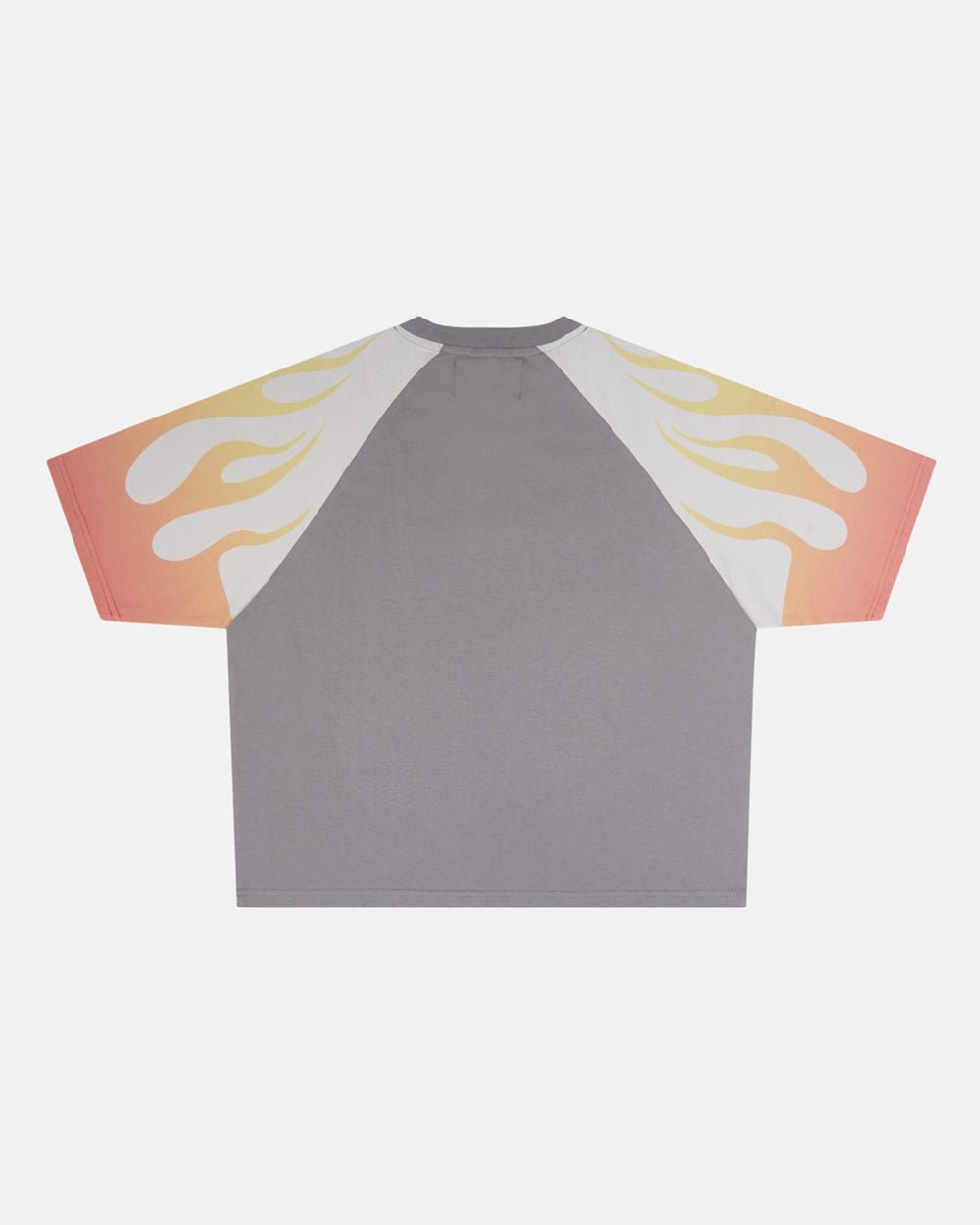 COLD FLAMES TEE ORANGE - grey and orange flame print tee, back view - Cold Culture