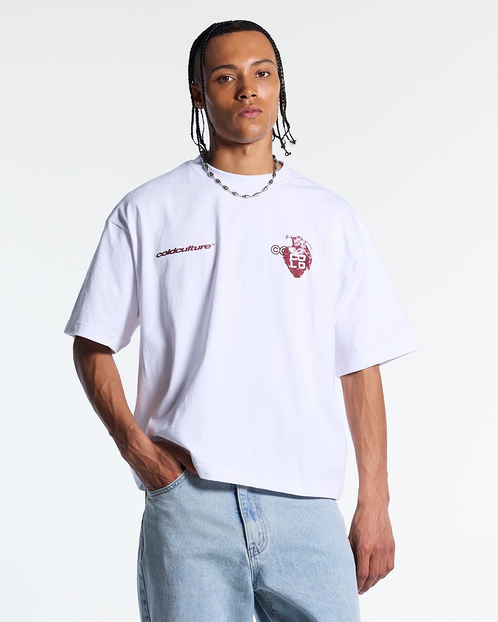 COLD HEARTS TEE WHITE - white graphic print tee, front view on male model - Cold Culture #man