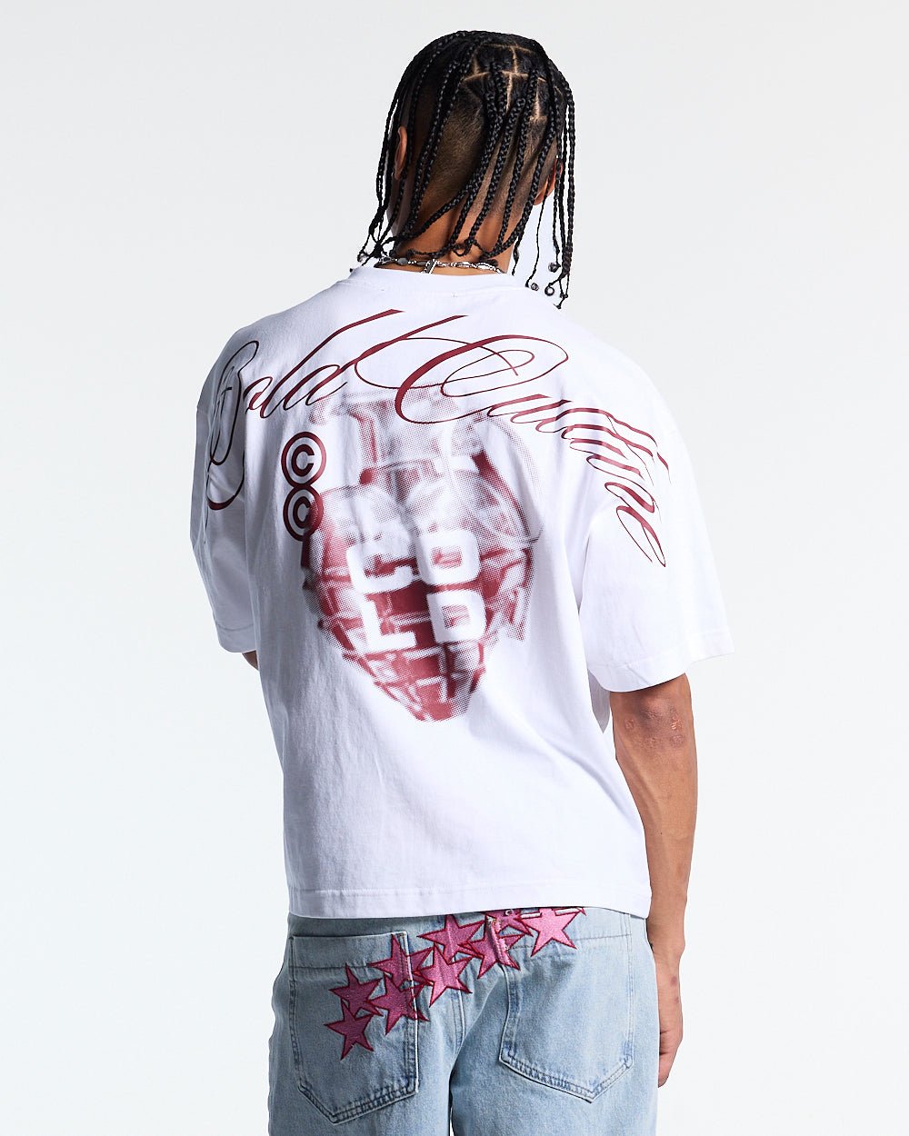 COLD HEARTS TEE WHITE - white graphic print tee, back view on male model - Cold Culture #man
