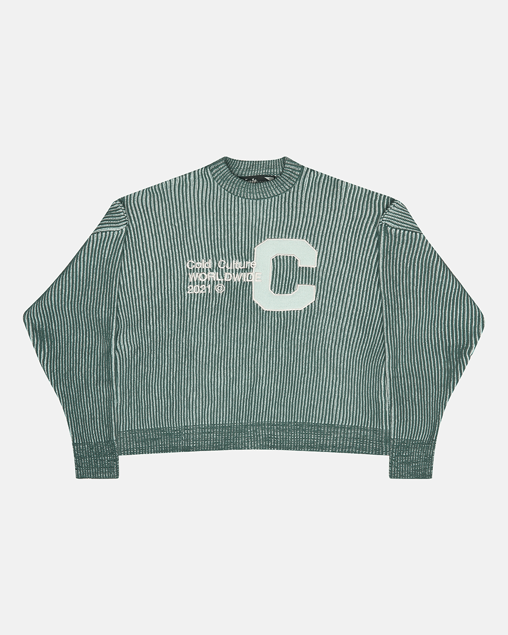 COLD UNIVERSITY KNIT WARM GREEN - green ribbed knit sweater, front view - Cold Culture #packshot