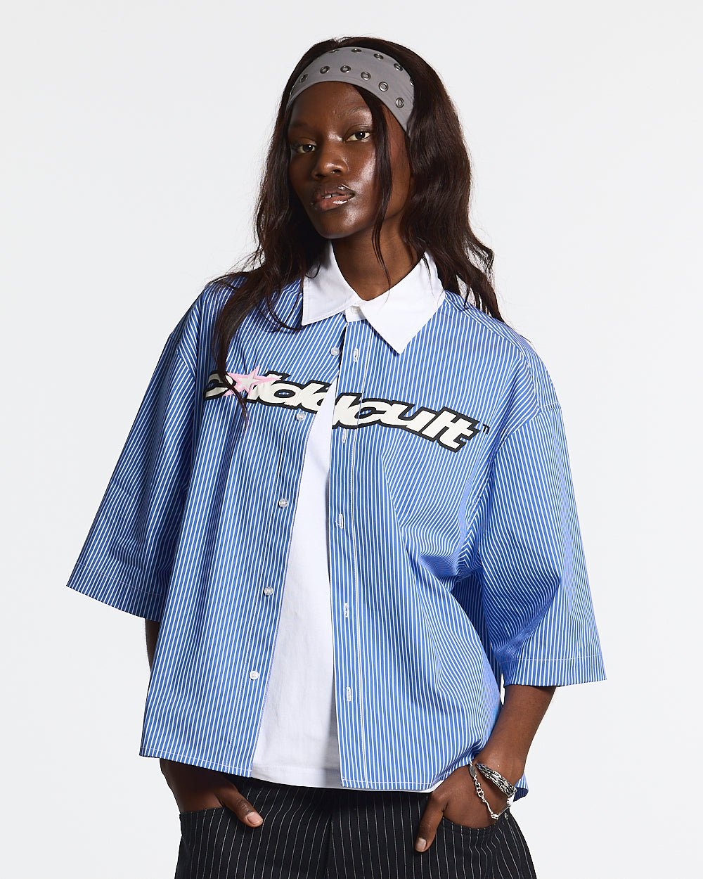 COLDCULT STRIPED SHIRT - blue striped short sleeve shirt, front view on female model - Cold Culture #woman