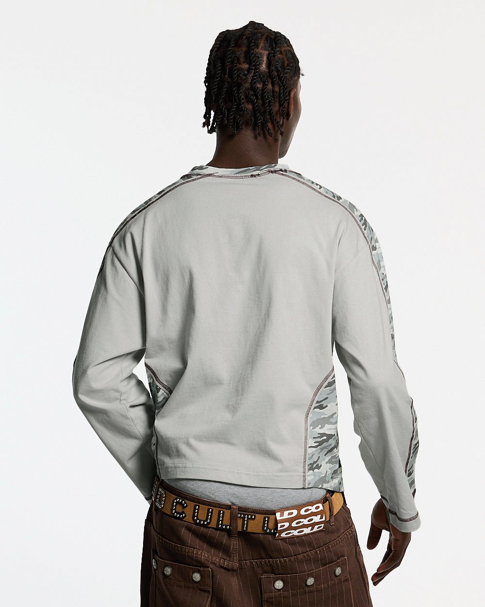COMBAT LONGSLEEVE GREY - grey camo panel longsleeve tee, back view on male model - Cold Culture #man