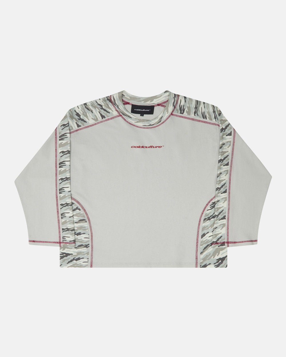 COMBAT LONGSLEEVE GREY - grey camo panel longsleeve tee, front view - Cold Culture #packshot