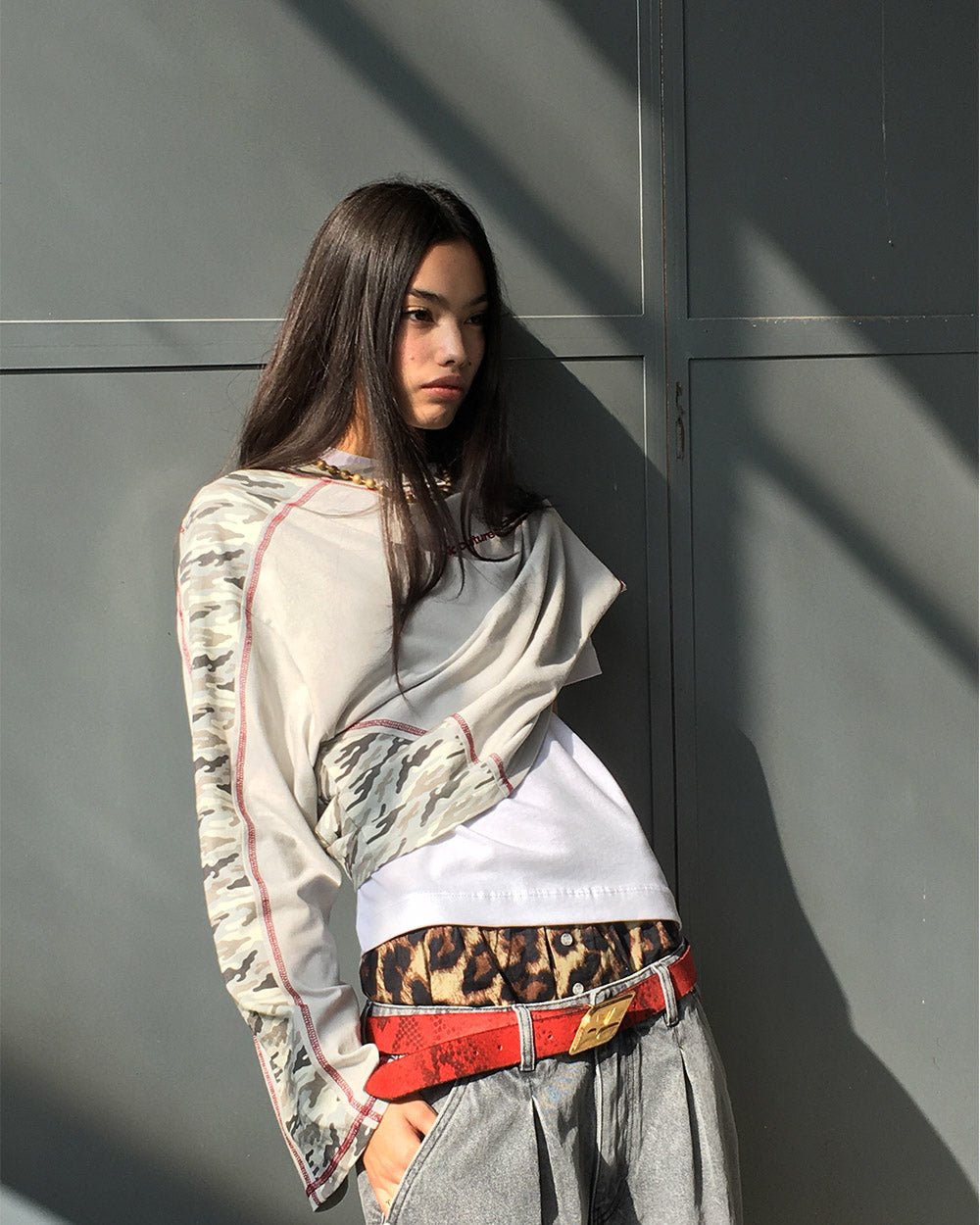 COMBAT LONGSLEEVE GREY - grey camo panel longsleeve tee, street style shot - Cold Culture #woman