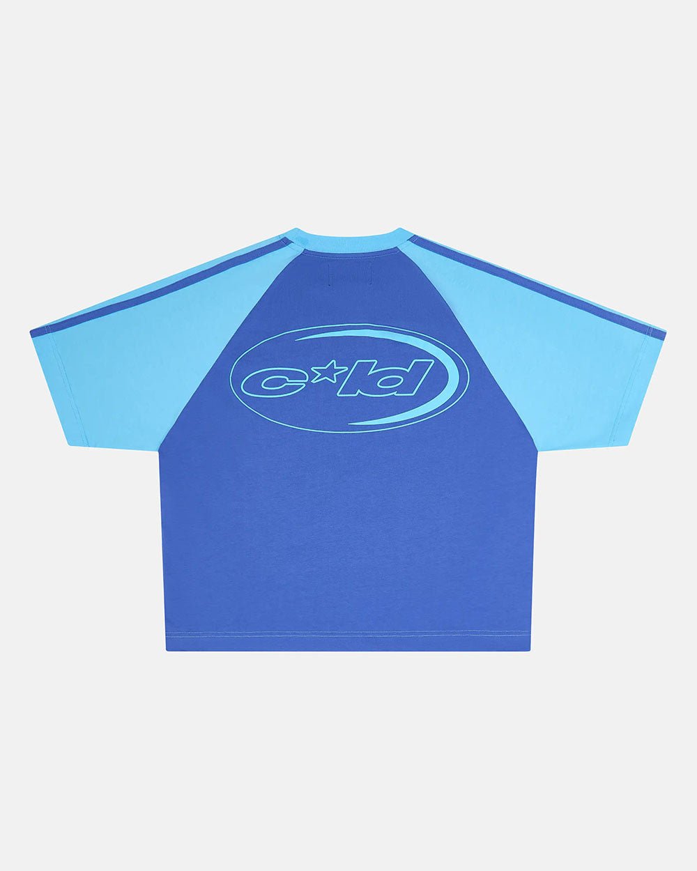 COMBO TEE BLUE - two-tone blue raglan tee, back view - Cold Culture #packshot