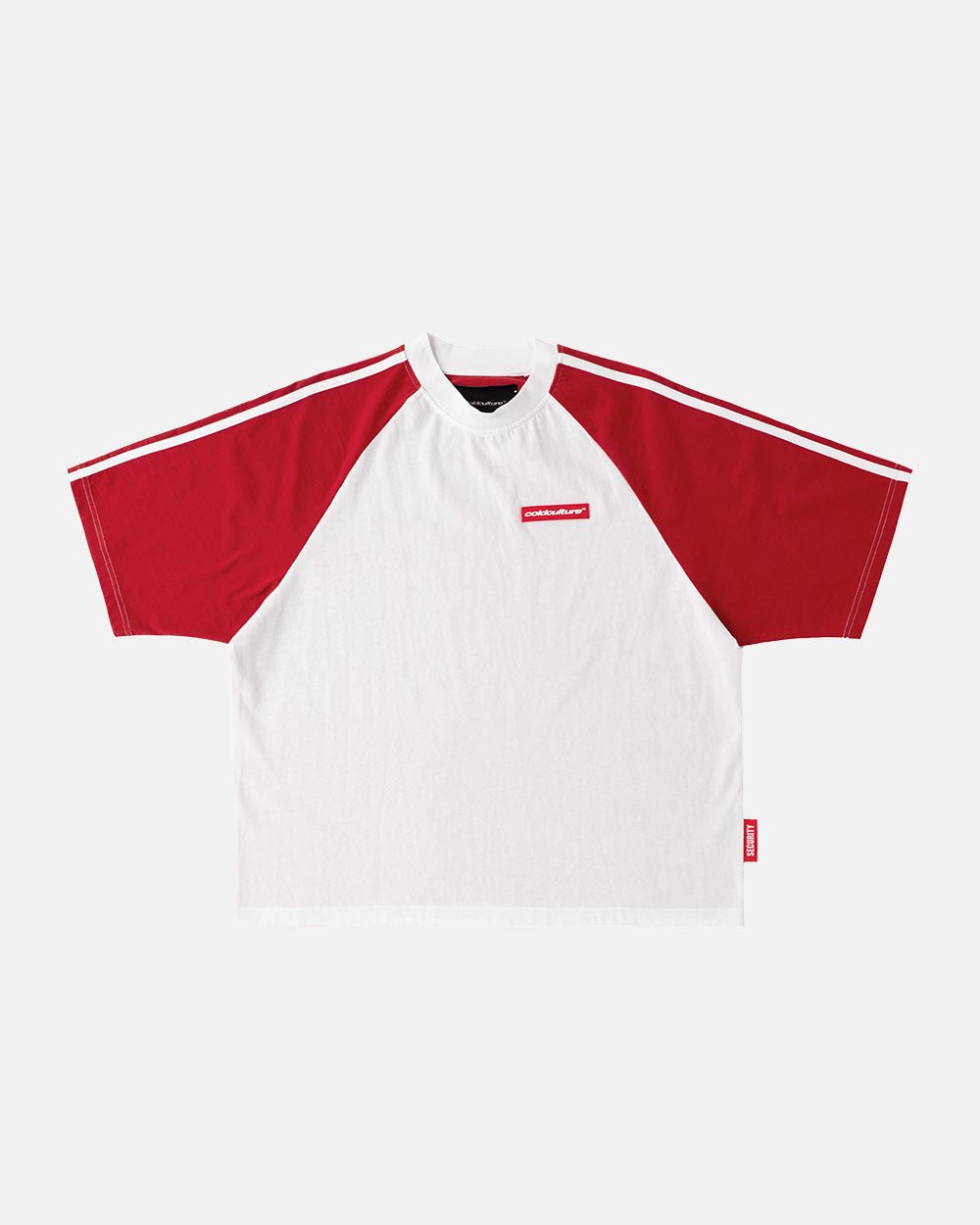 COMBO TEE WHITE/RED - white and red raglan tee, front view - Cold Culture #packshot
