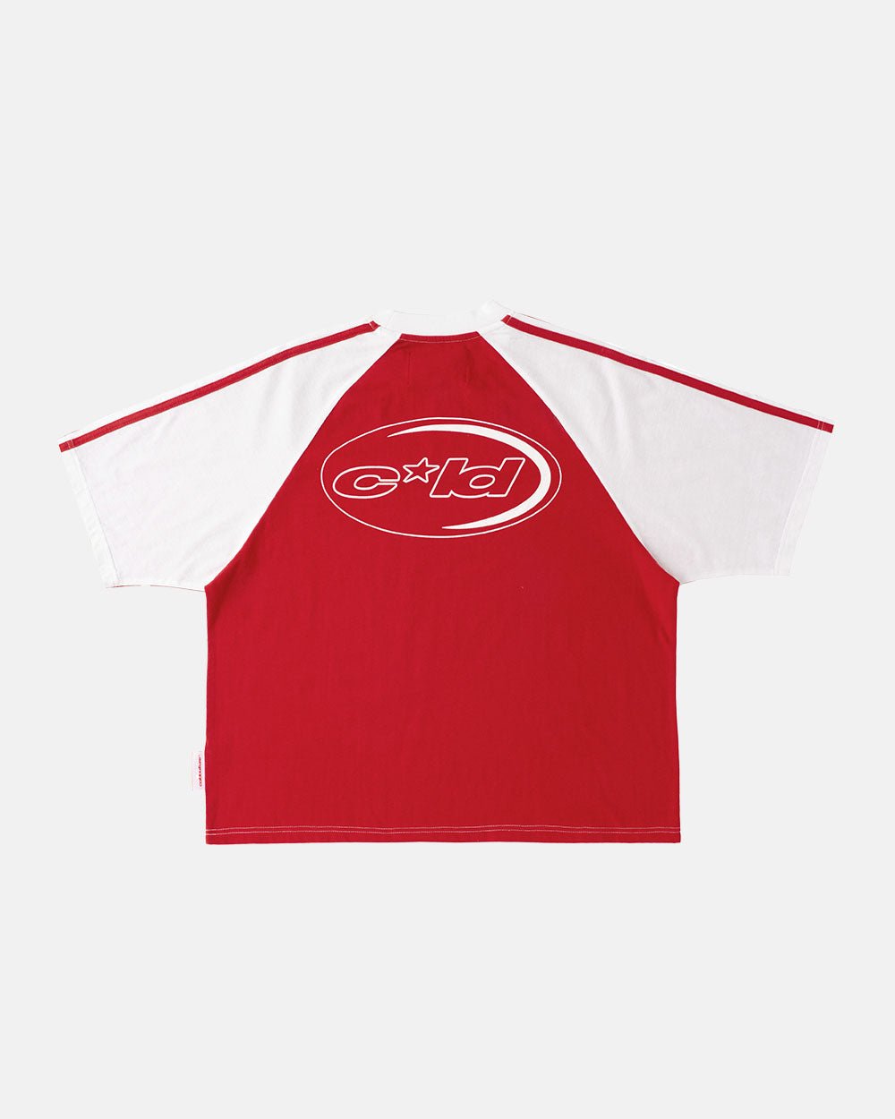 COMBO TEE WHITE/RED - white and red raglan tee, back view - Cold Culture #packshot