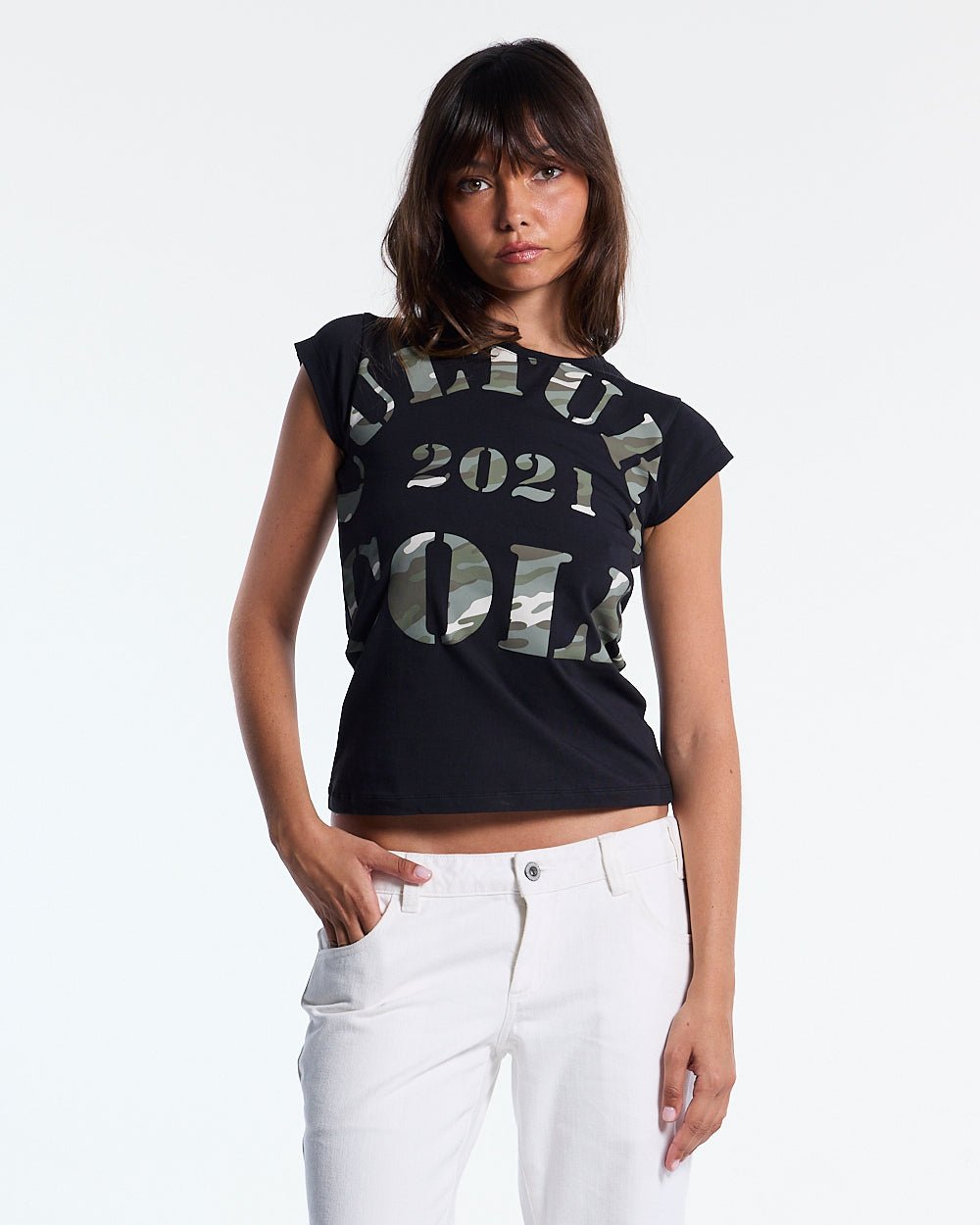 COMMAND BABY TEE BLACK - black camo print baby tee, front view on female model - Cold Culture #woman