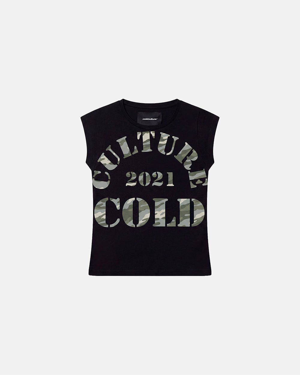 COMMAND BABY TEE BLACK - black camo print baby tee, front view - Cold Culture #packshot