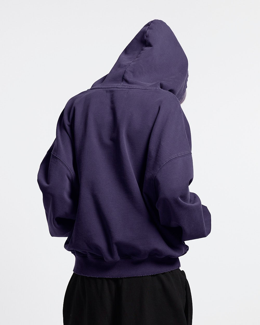 COOL CAP HOODIE MID BLUE WASHED - blue washed graphic hoodie, back view on female model - Cold Culture #woman
