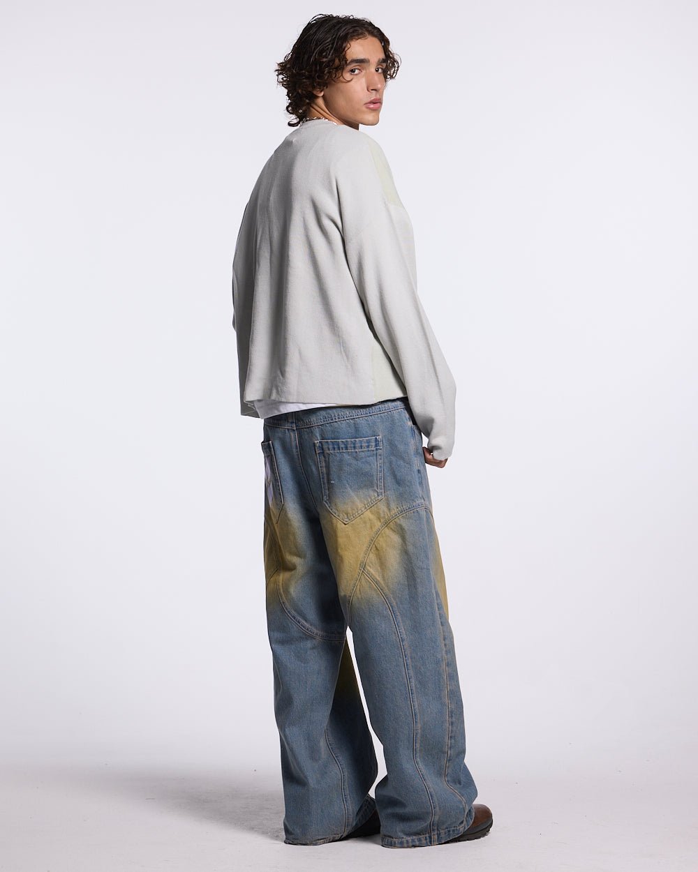 COOL COLD KNIT BEIGE - beige graphic print knit sweater, back view on male model - Cold Culture #man