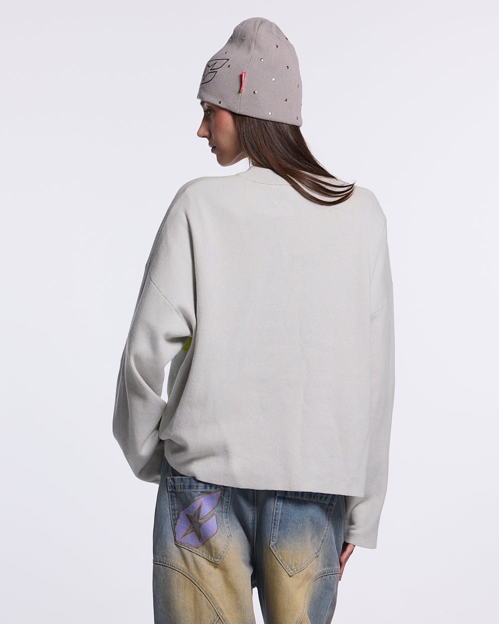 COOL COLD KNIT BEIGE - beige graphic print knit sweater, back view on female model - Cold Culture #woman
