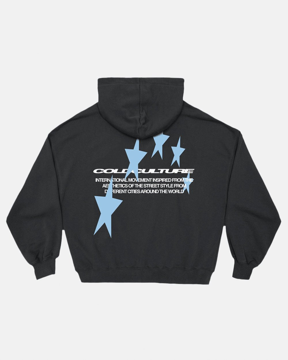COSMOS ARC HOODIE INDIA INK - washed black star print hoodie, back view - Cold Culture #packshot