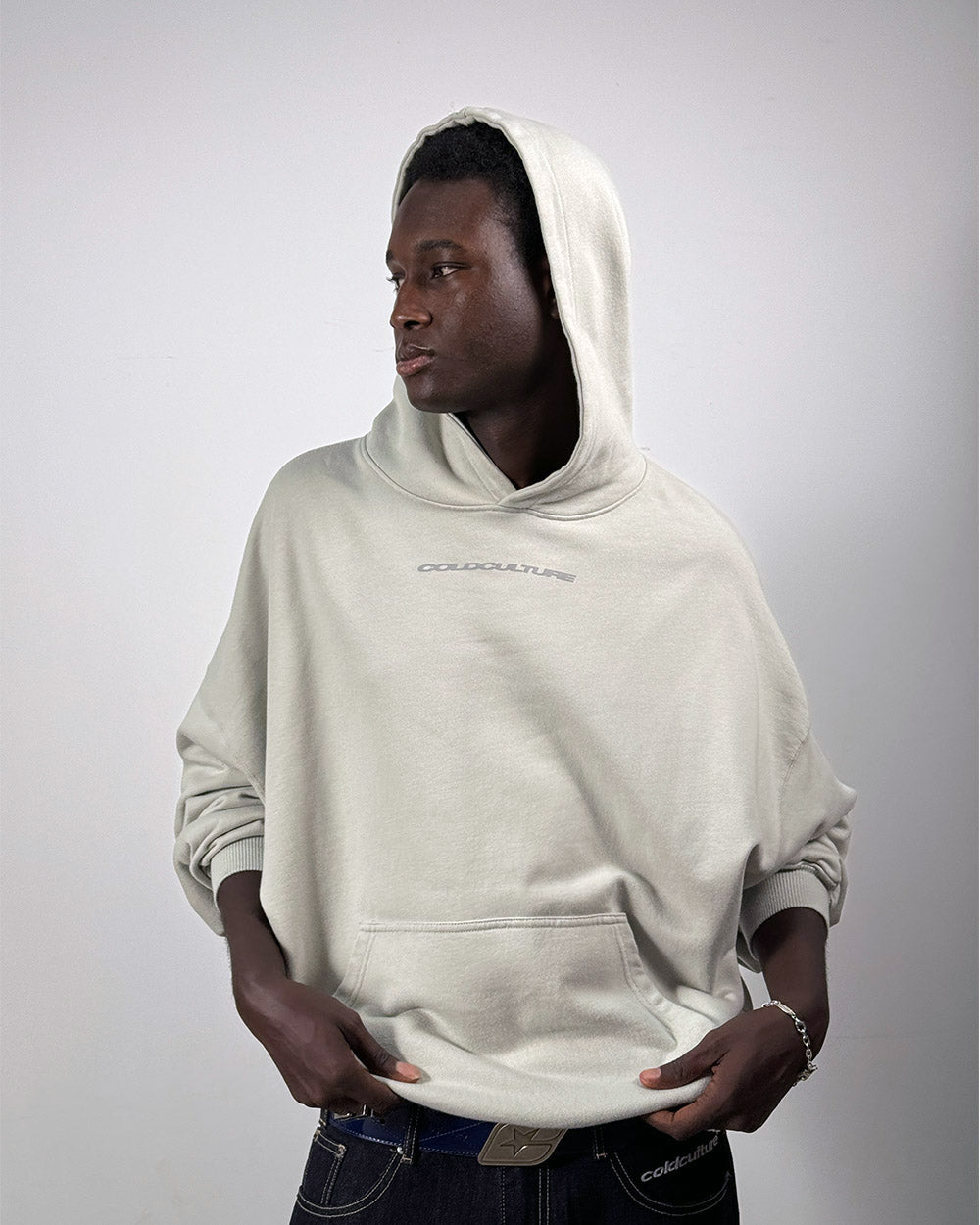 COSMOS ARC HOODIE LIGHT GREY - light grey oversized hoodie, front view on male model - Cold Culture #man