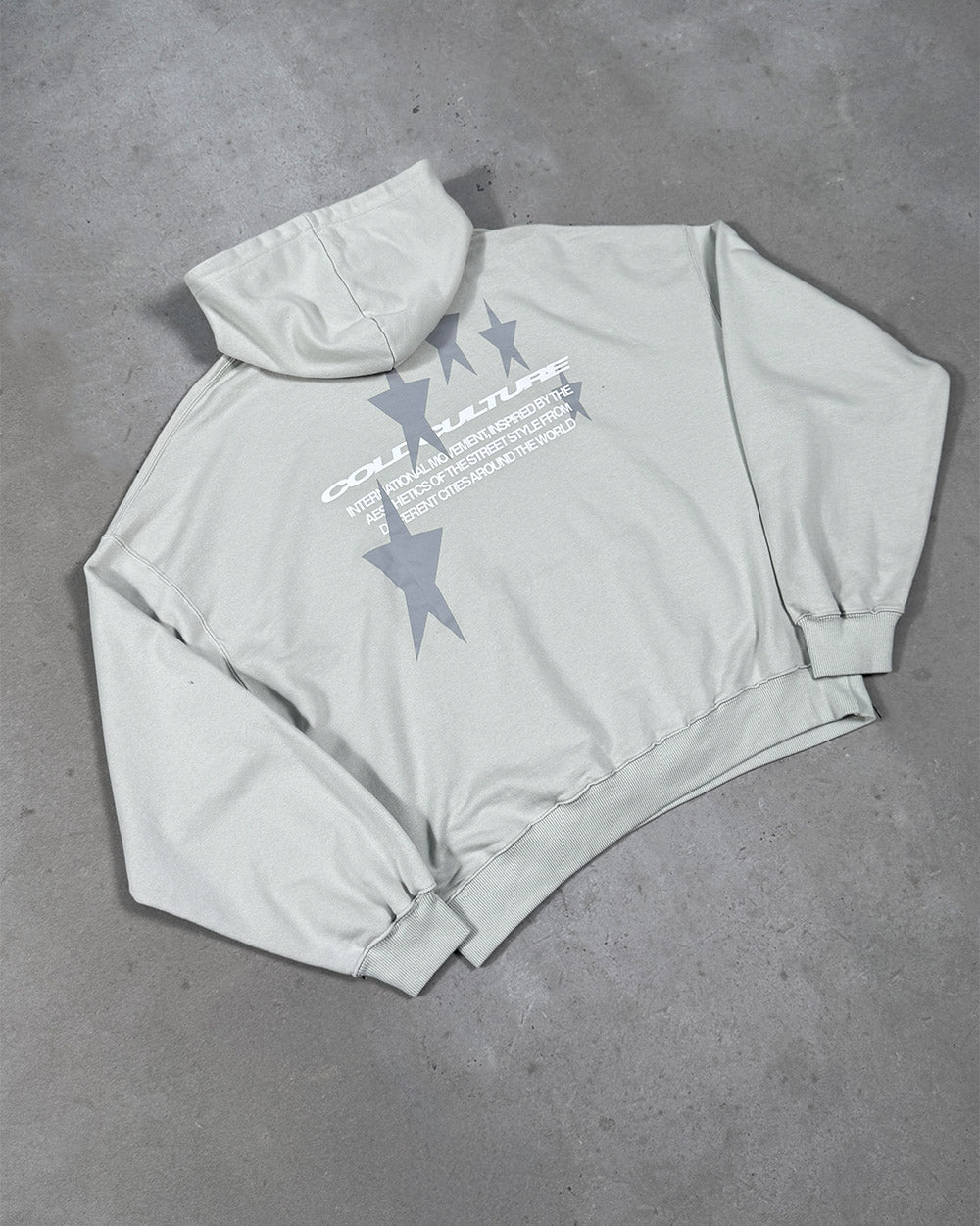 COSMOS ARC HOODIE LIGHT GREY - light grey oversized hoodie, flat lay - Cold Culture