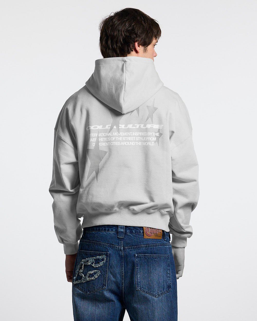 COSMOS ARC HOODIE LIGHT GREY - light grey oversized hoodie, back view on male model - Cold Culture #man