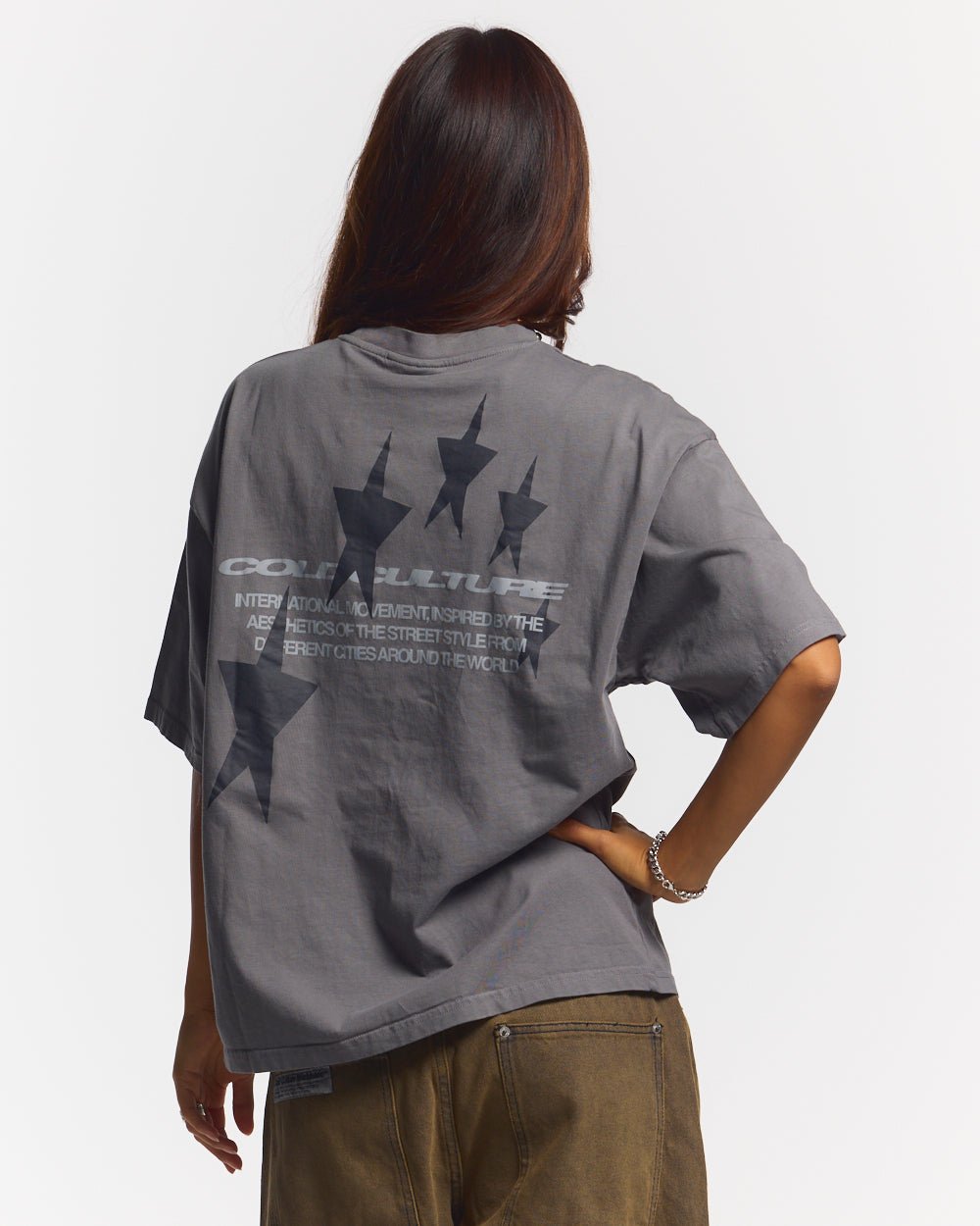 COSMOS ARC TEE SMOKEY GREY - washed grey oversized tee, back view on female model - Cold Culture #woman