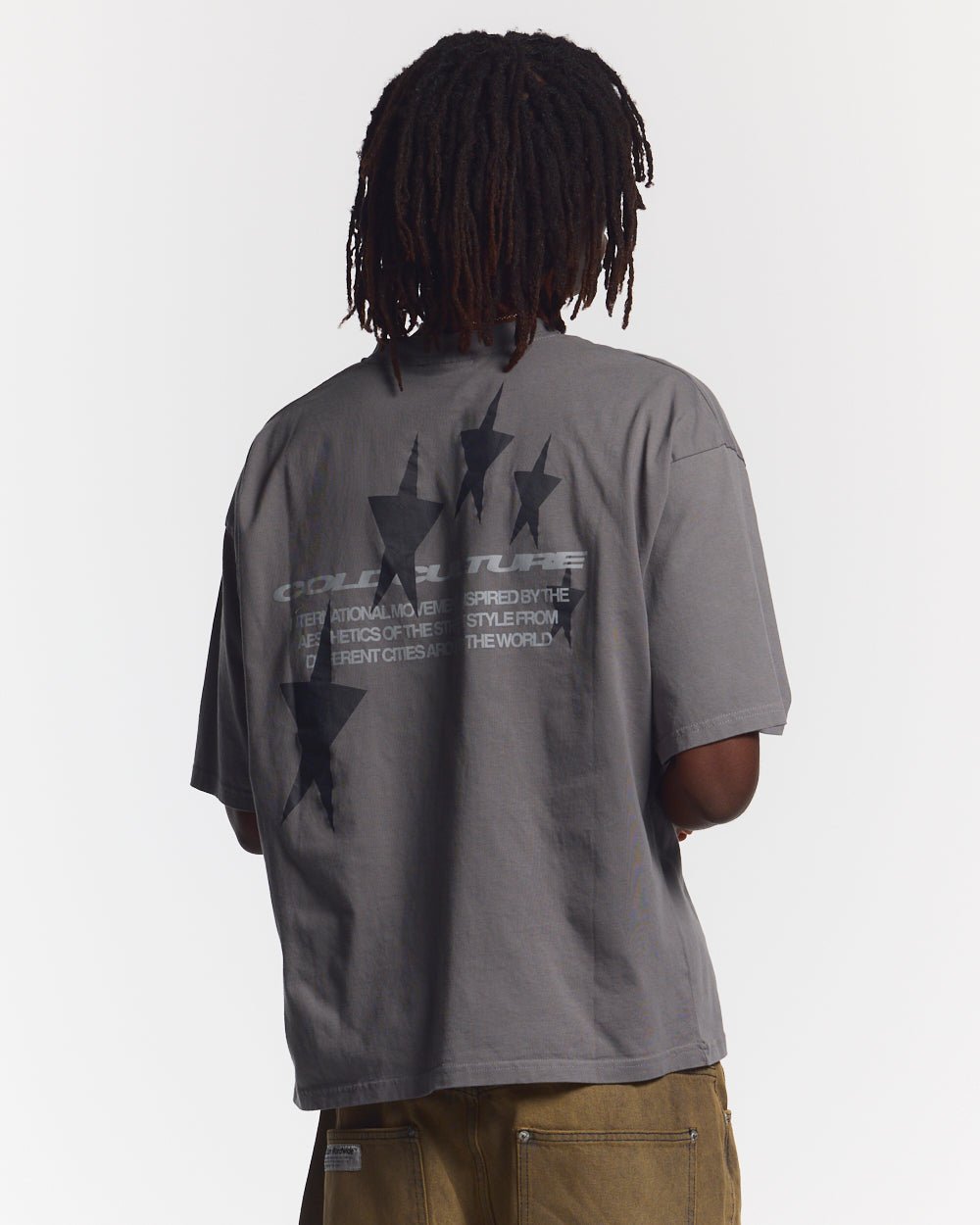 COSMOS ARC TEE SMOKEY GREY - washed grey oversized tee, back view on male model - Cold Culture #man