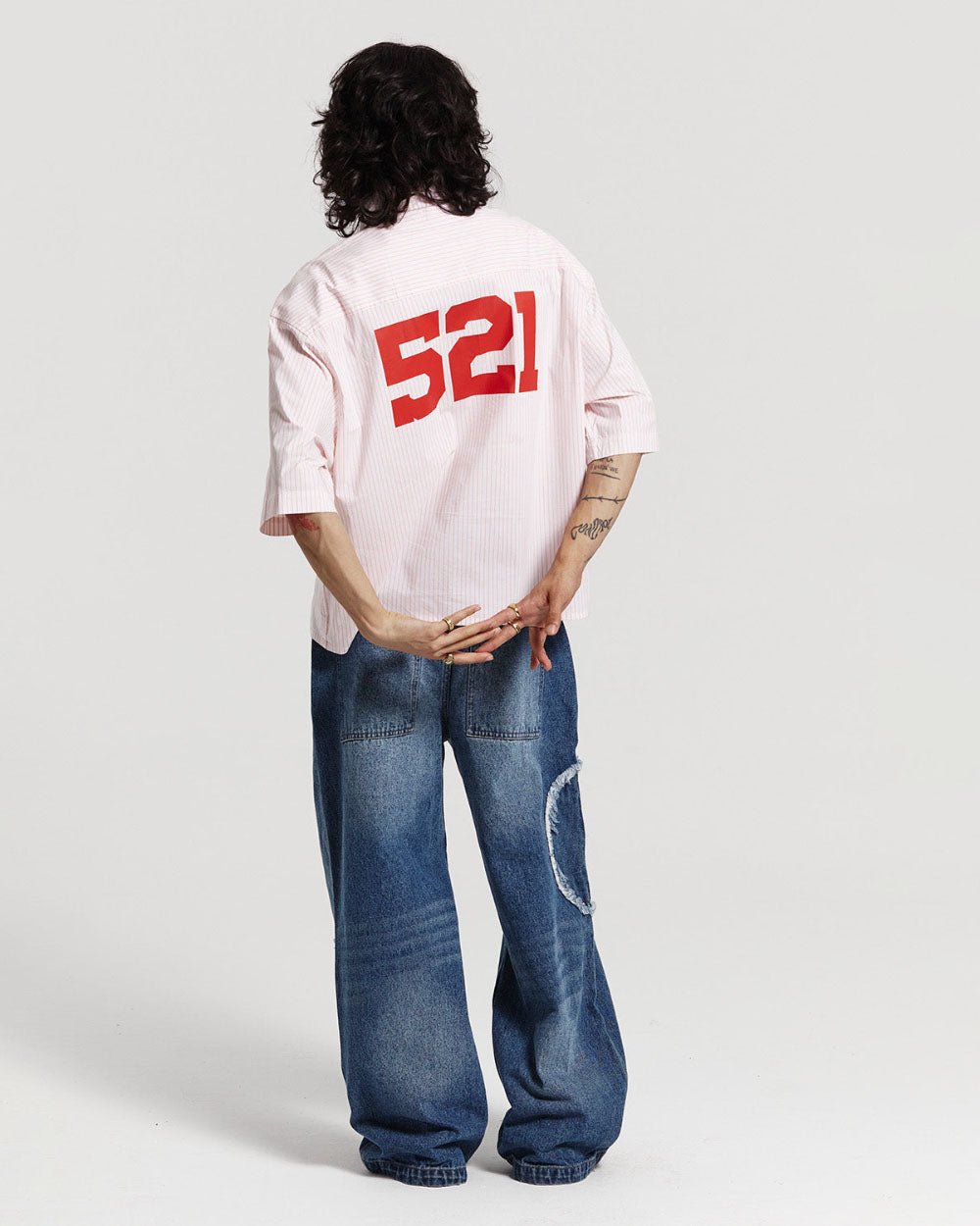 COUNTDOWN SHIRT PINK STRIPES - pink striped short sleeve shirt, back view on male model - Cold Culture #man