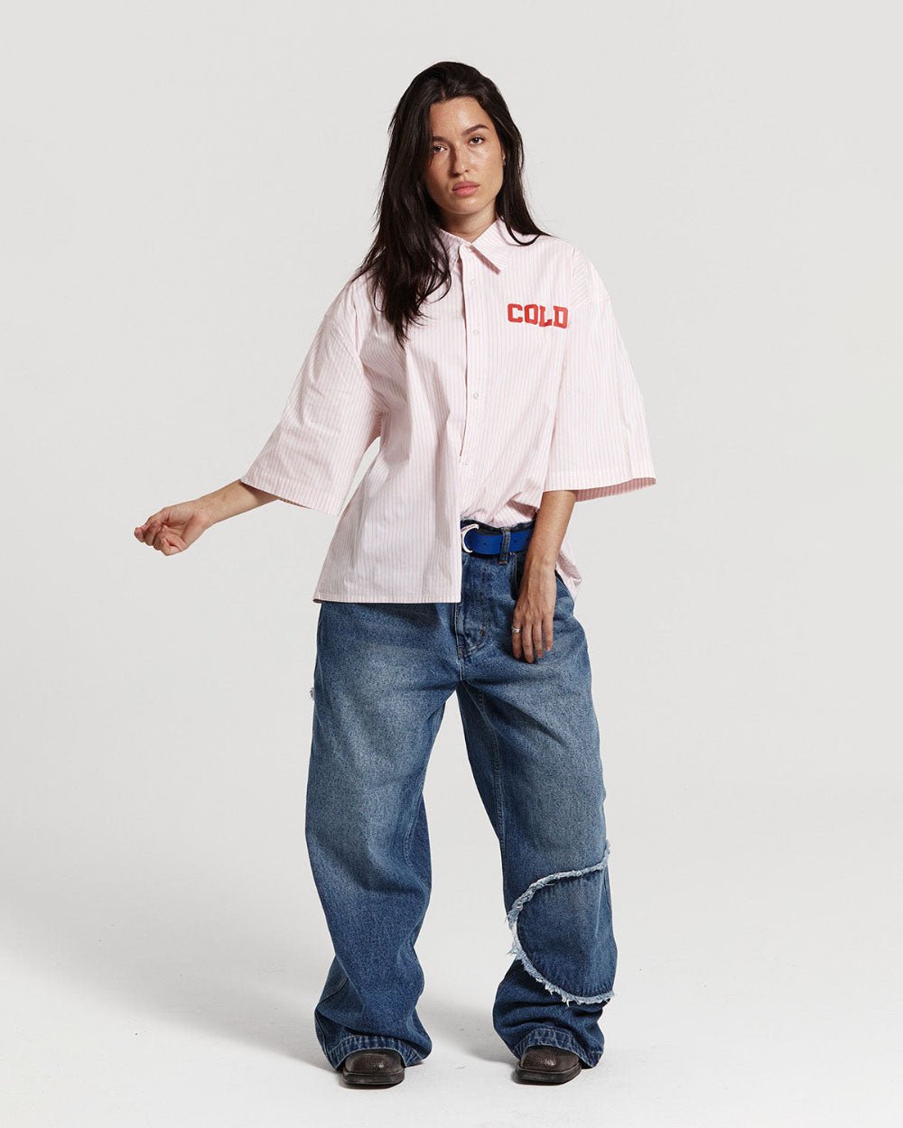 COUNTDOWN SHIRT PINK STRIPES - pink striped short sleeve shirt, front view on female model - Cold Culture #woman