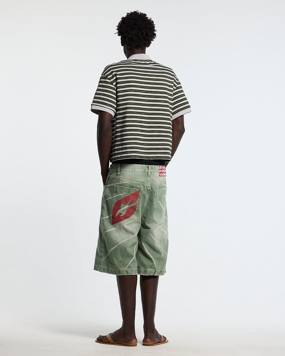 COURT FIELD KNIT POLO GREEN - green striped knit polo, back view on male model - Cold Culture #man