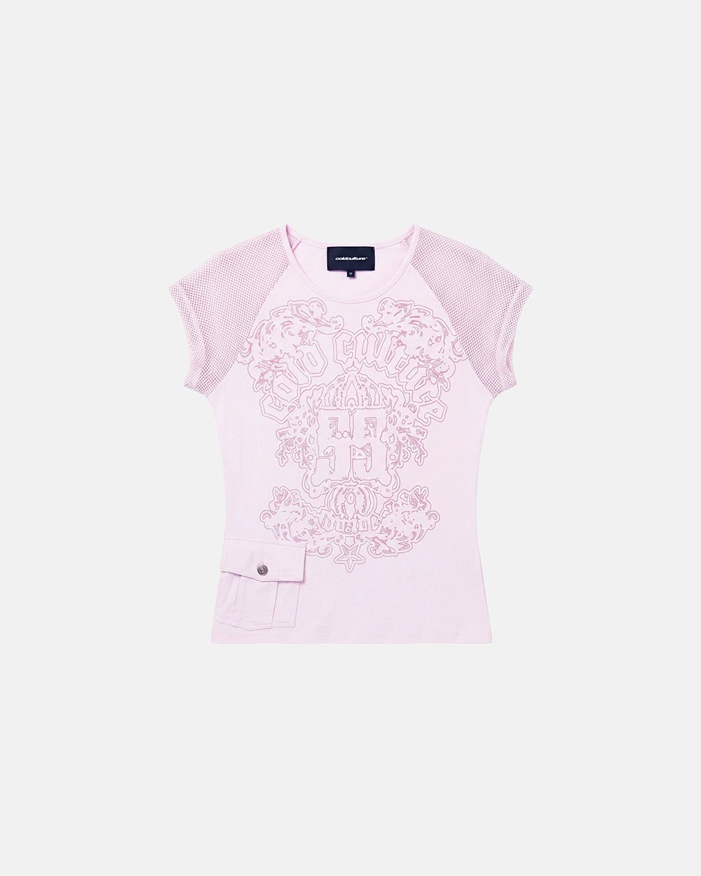 COUTURE BABY TEE PINK - pink graphic print baby tee, front view - Cold Culture #packshot