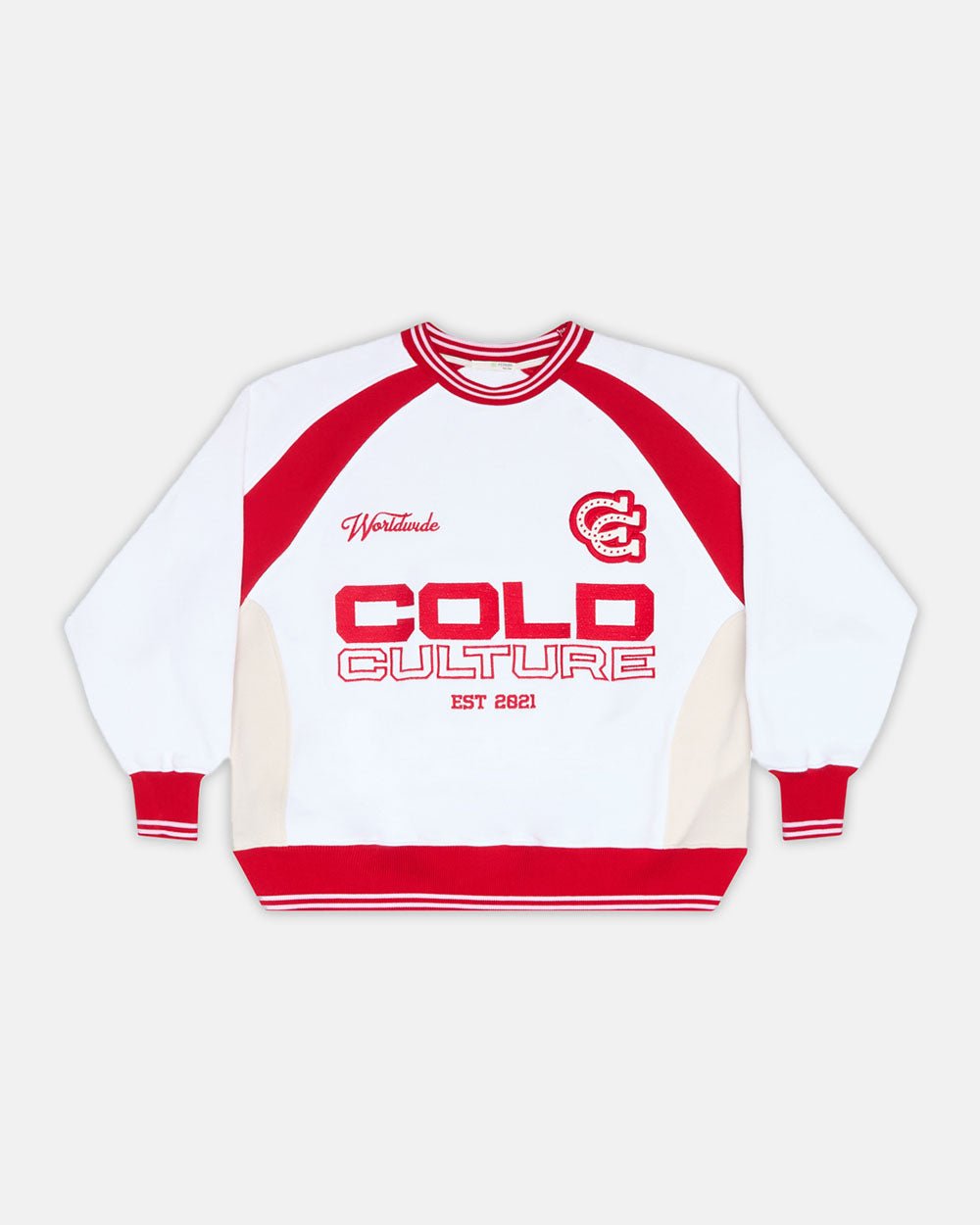 COWBOY VARSITY CREWNECK FIERY RED - red and white varsity crewneck, front view - Cold Culture #packshot