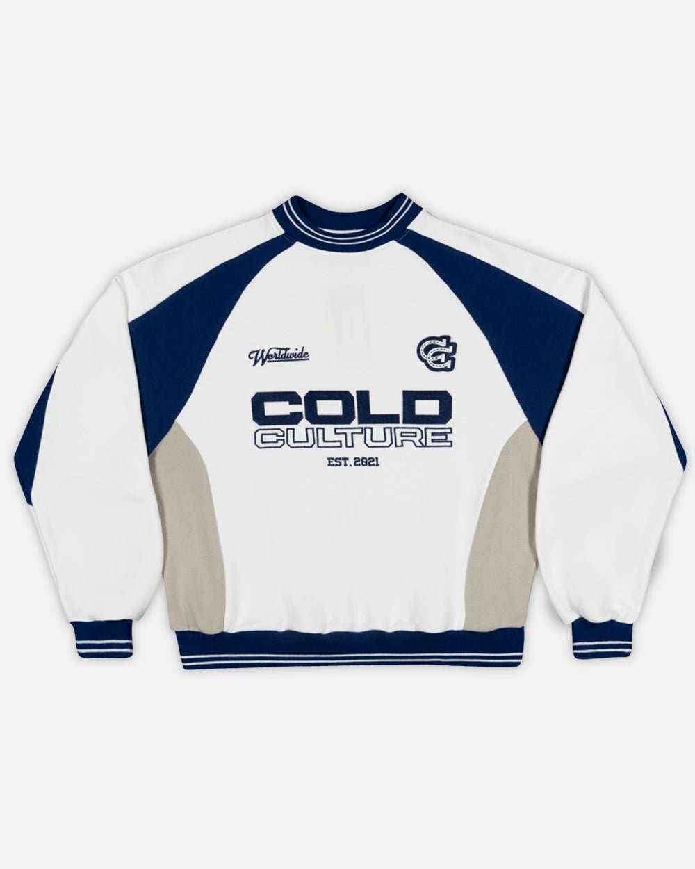 COWBOY VARSITY CREWNECK WHITE/BLUE - white and navy varsity crewneck sweatshirt, front view - Cold Culture #packshot
