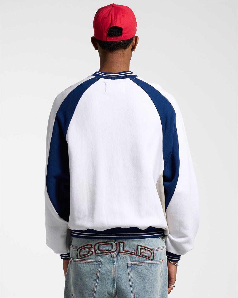 COWBOY VARSITY CREWNECK WHITE/BLUE - white and navy varsity crewneck sweatshirt, back view on male model - Cold Culture #man
