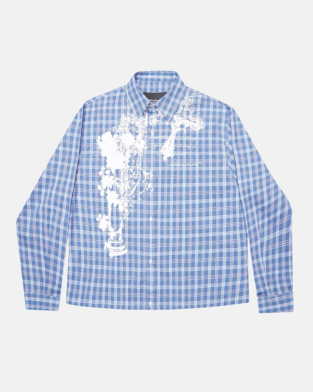 CROSS SHIRT BLUE - blue plaid long sleeve shirt, front view - Cold Culture #packshot