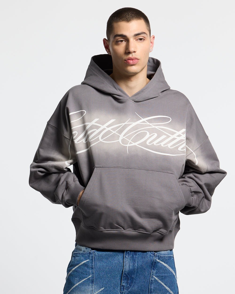 CROSSED SCRIPT HOODIE GREY - grey script print hoodie, front view on male model - Cold Culture #man