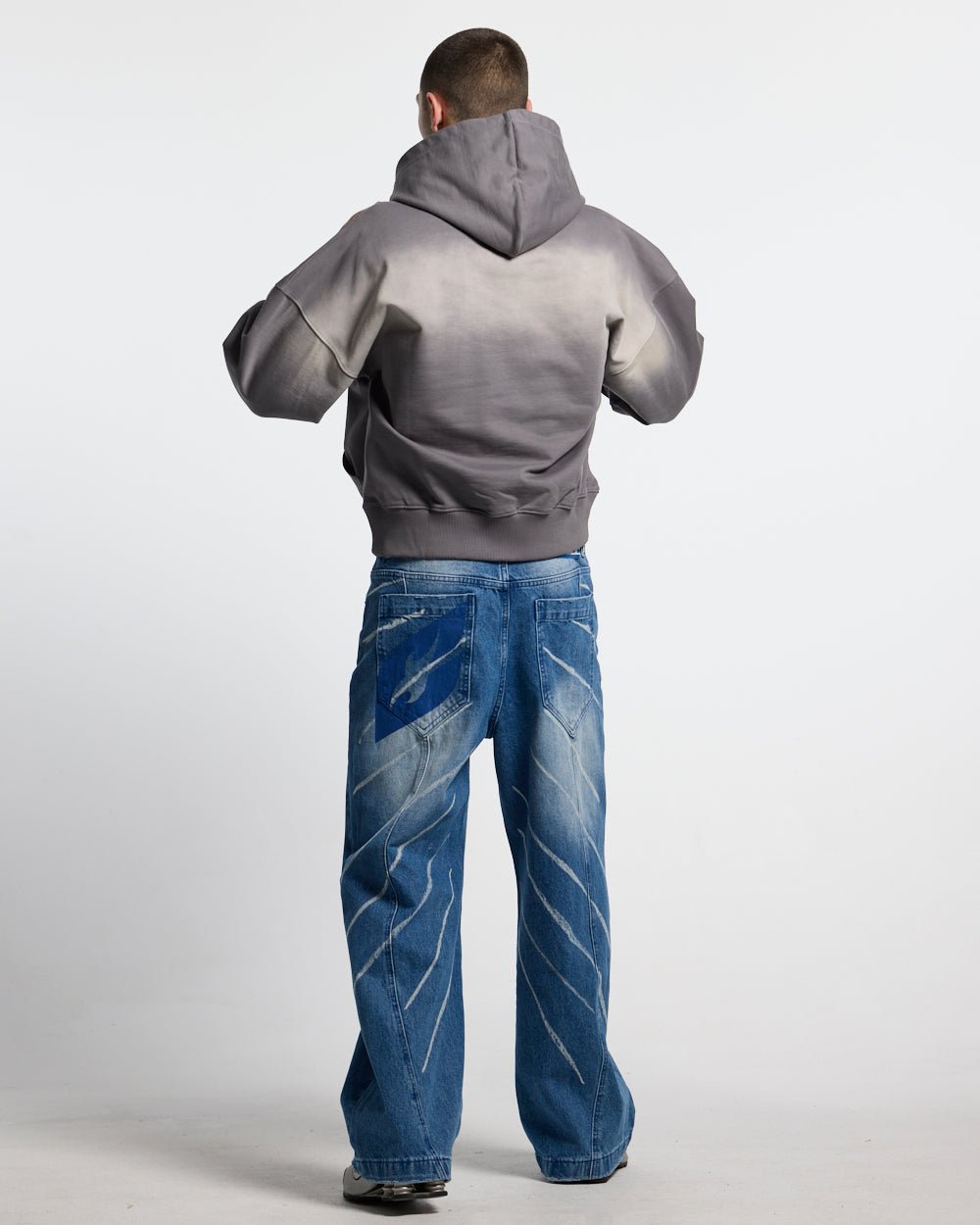 CROSSED SCRIPT HOODIE GREY - grey script print hoodie, back view on male model - Cold Culture