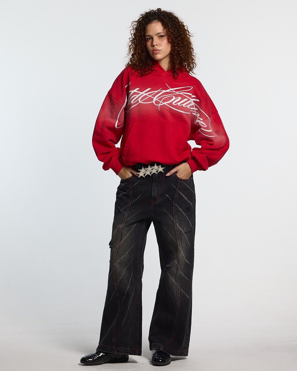 CROSSED SCRIPT HOODIE RED - red script print hoodie, front view on female model - Cold Culture #woman