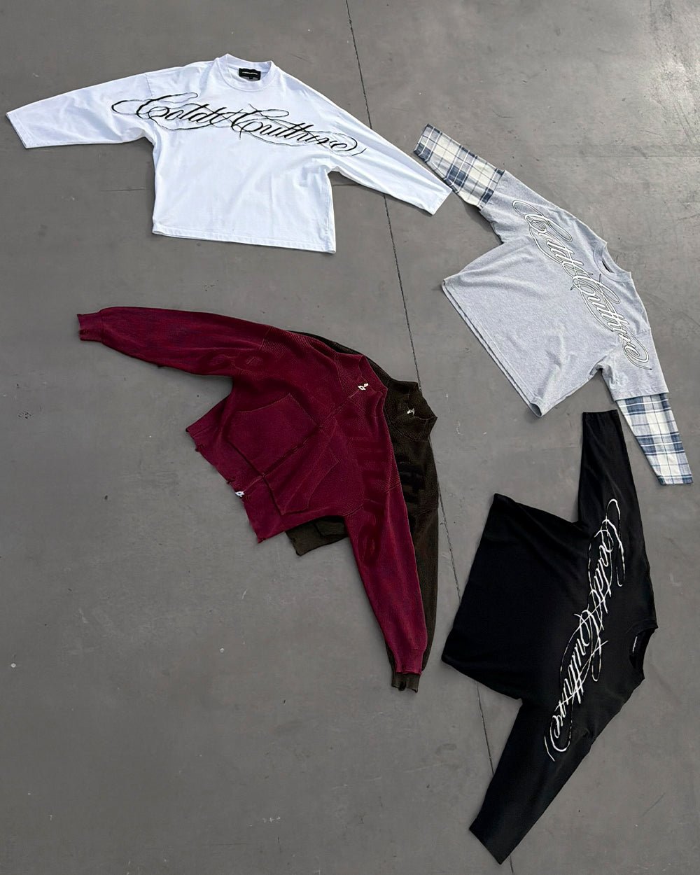 CROSSED SCRIPT LONGSLEEVE 2.0 WHITE - white script print longsleeve tee, flat lay with matching pieces - Cold Culture