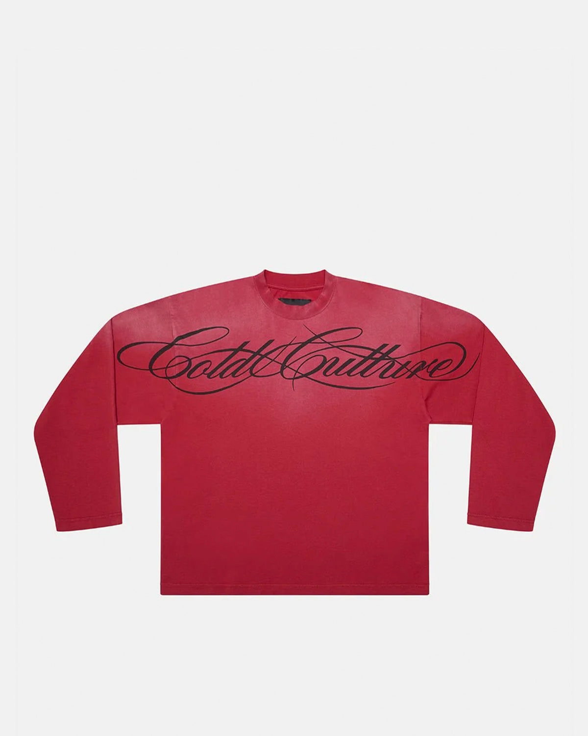 CROSSED SCRIPT LONGSLEEVE RED - washed red script print longsleeve tee, front view - Cold Culture #packshot