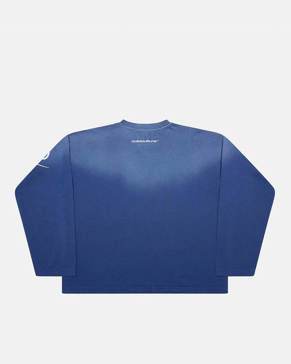 CROSSED SCRIPT LONGSLEEVE VIBRANT BLUE - washed blue script print longsleeve tee, back view - Cold Culture #packshot