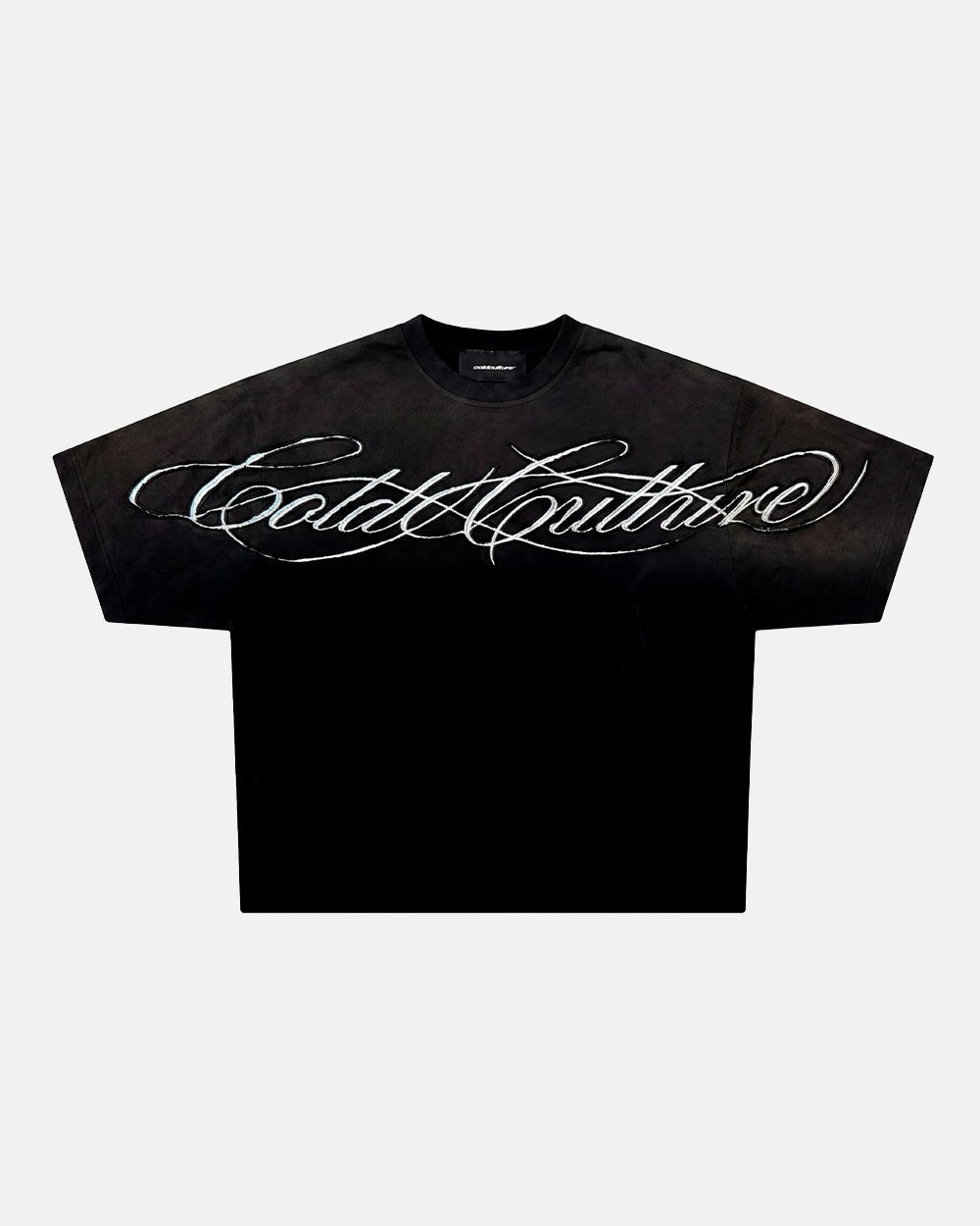 CROSSED SCRIPT TEE 2.0 BLACK - washed black script print tee, front view - Cold Culture #packshot