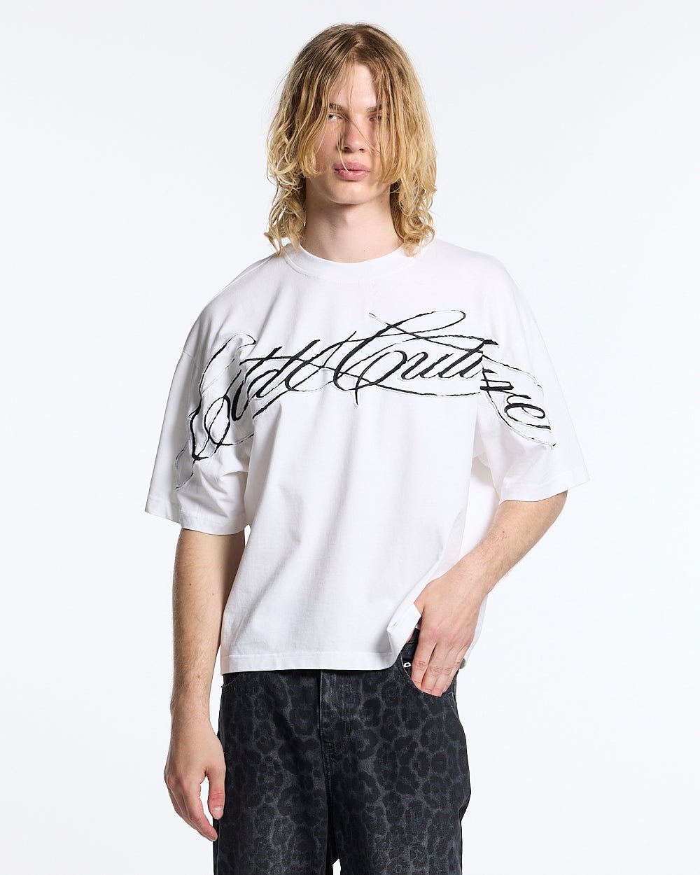 CROSSED SCRIPT TEE 2.0 WHITE - white script print tee, front view on male model - Cold Culture #man