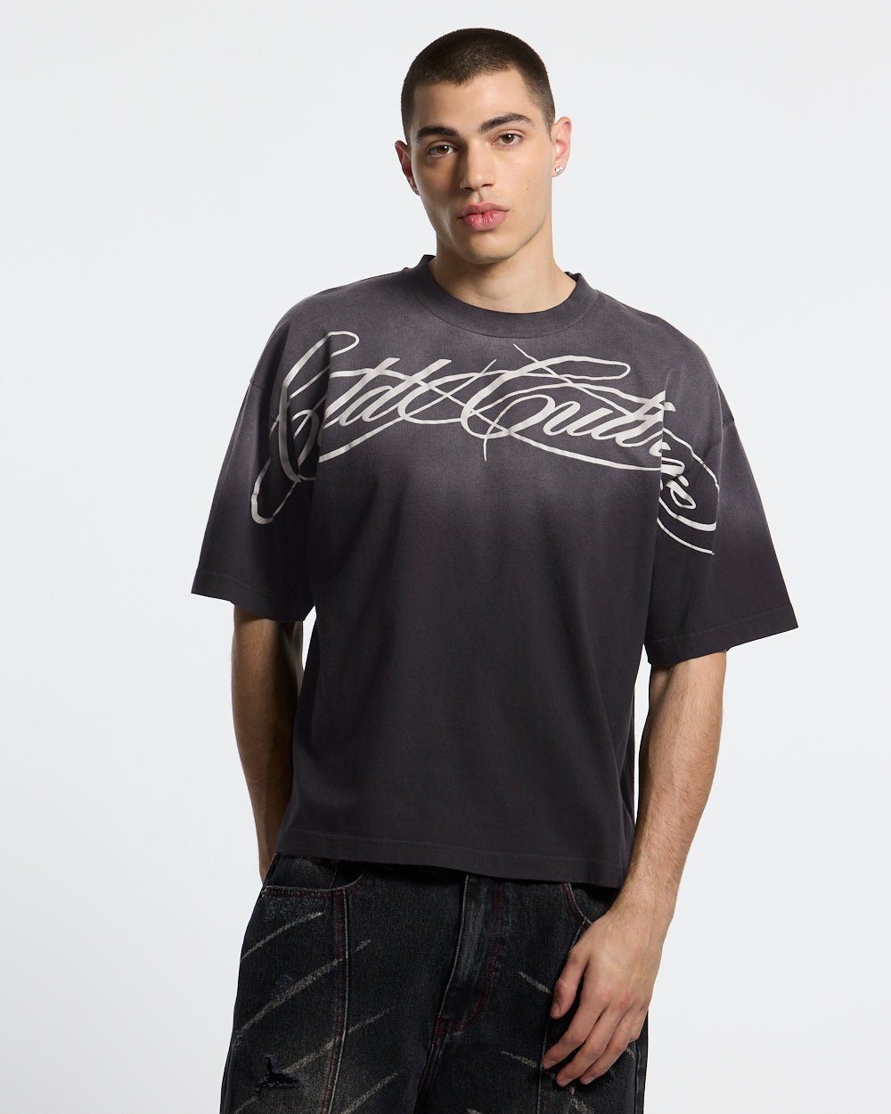 CROSSED SCRIPT TEE BLACK - washed black tee, front view on male model - Cold Culture #man