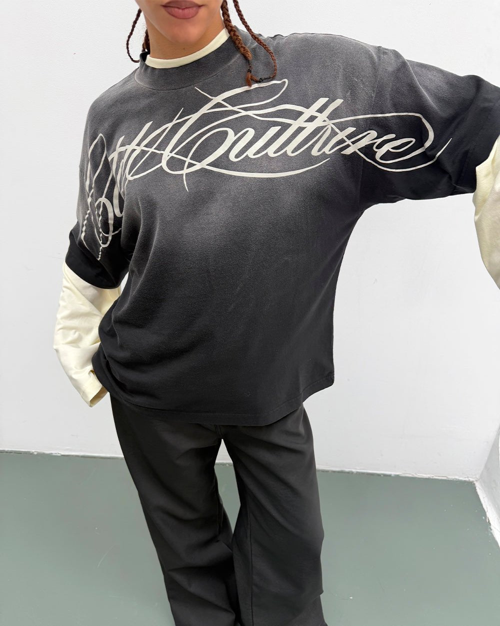 CROSSED SCRIPT TEE BLACK - washed black tee, on model close-up - Cold Culture
