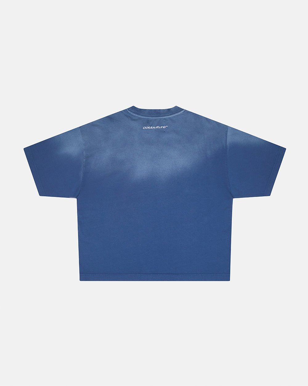 CROSSED SCRIPT TEE BLUE - washed blue tee, back view - Cold Culture #packshot