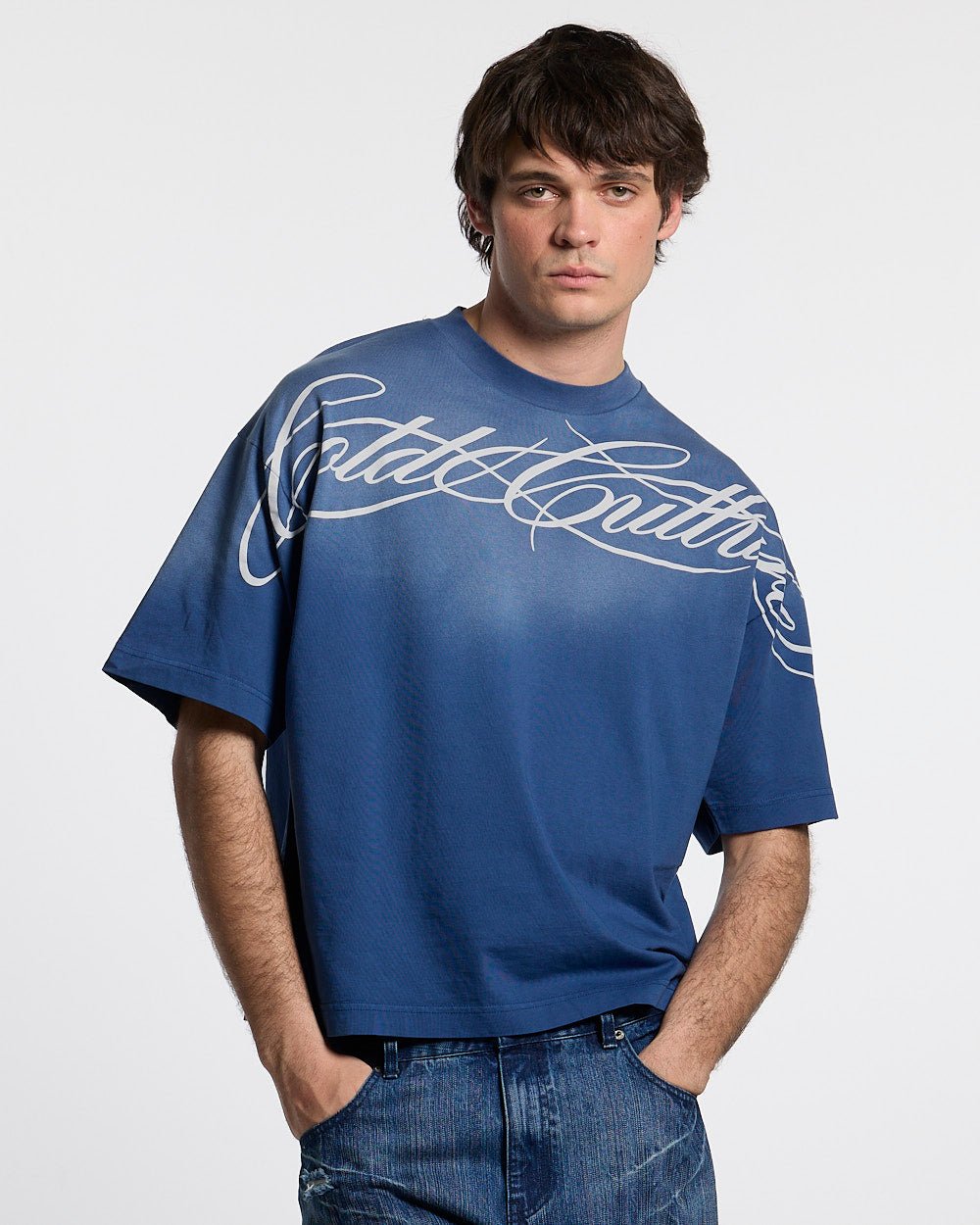 CROSSED SCRIPT TEE BLUE - washed blue tee, front view on male model - Cold Culture #man