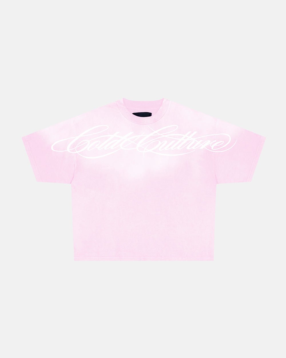 CROSSED SCRIPT TEE PINK - washed pink tee, front view - Cold Culture #packshot
